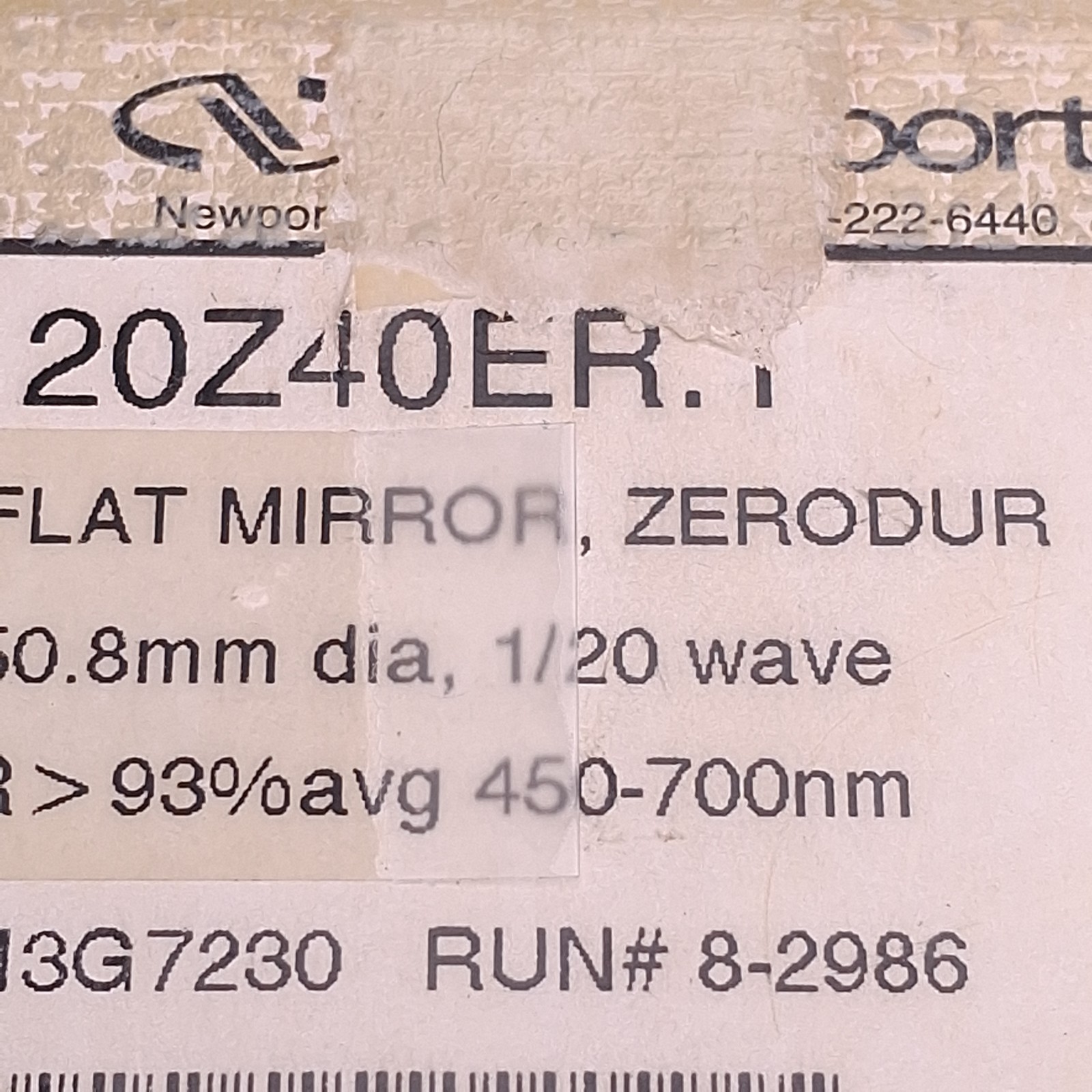 Newport 20Z40ER.1 Optical Zerodur Aluminum Mirror ø50.8mm, 450-700nm Range, 1/20