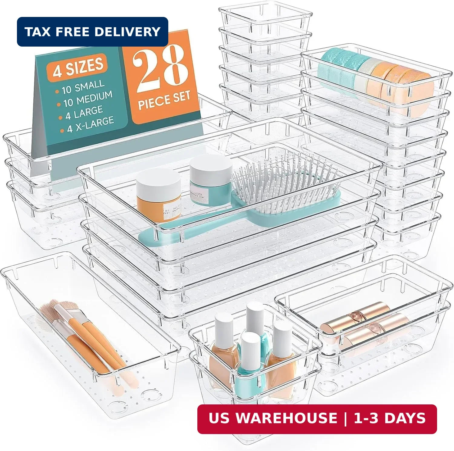 StorMiracle 28 PCS Clear Plastic Drawer Organizers Set, 4 Size Desk Drawer Organ