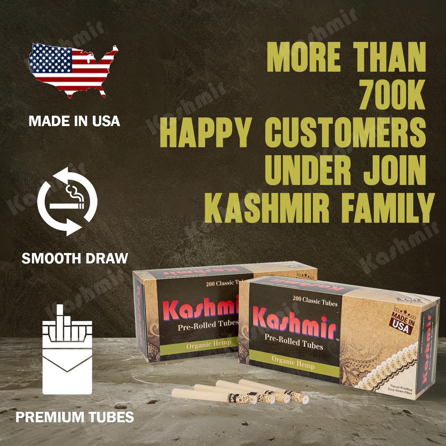 Kashmir Cigarette Tubes Organic Hmp Count 5 Boxes Of 200 Tubes Smooth Draw