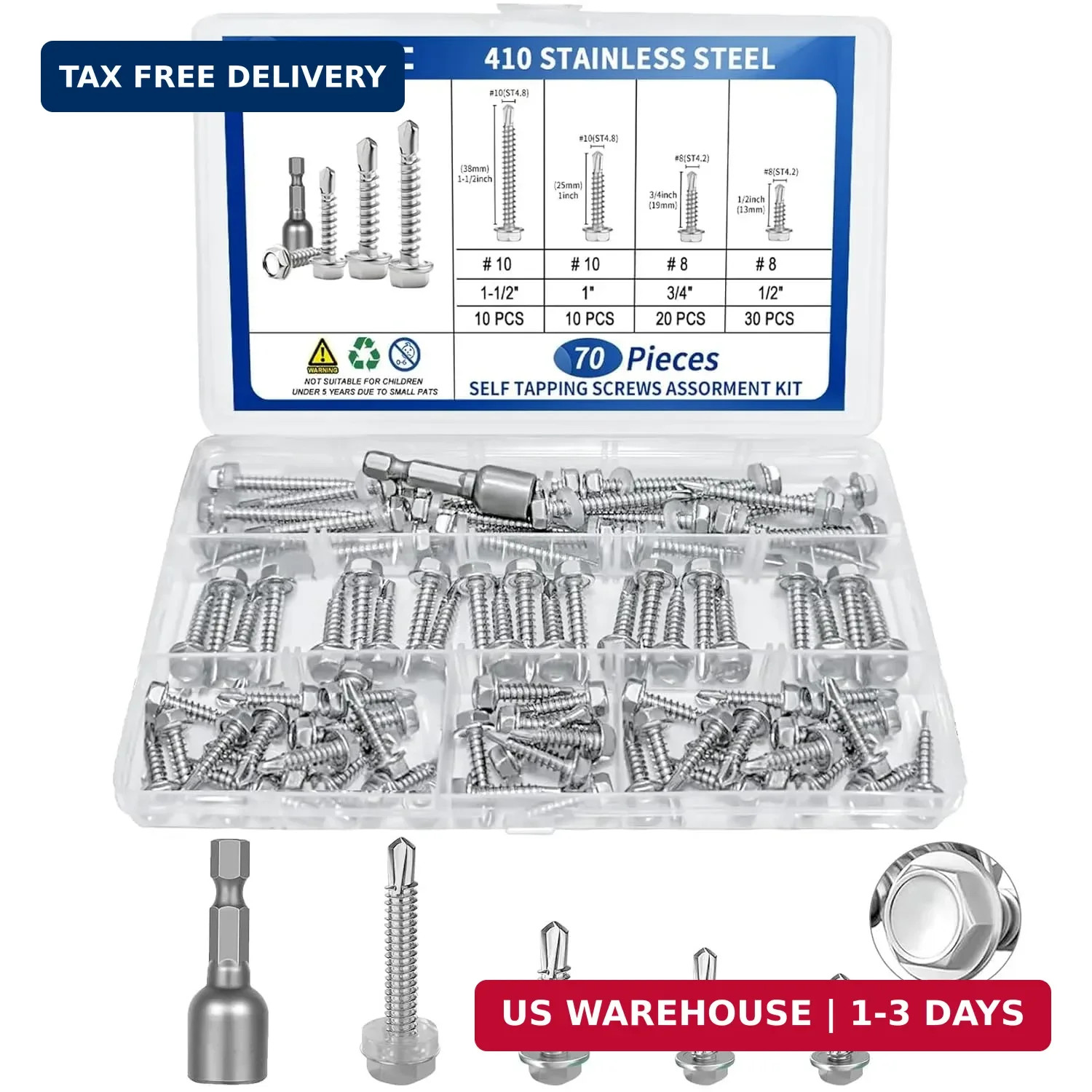 70Pcs #8#10 Hex Washer Head Self Tapping Screws 410 Stainless Steel Self Drillin