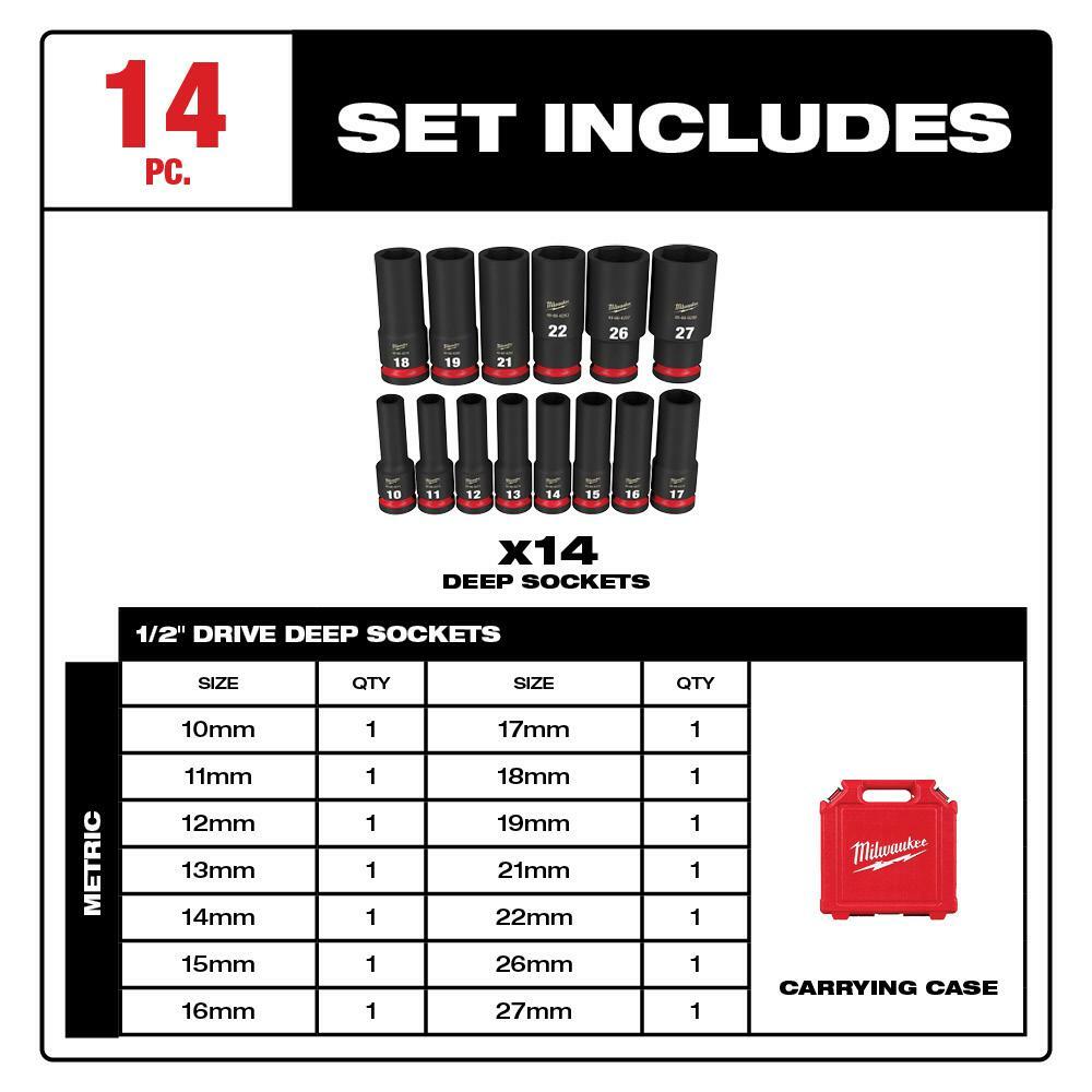SHOCKWAVE 1/2 in. Drive Metric Deep Well 6 Point Impact Socket Set (14-Piece)
