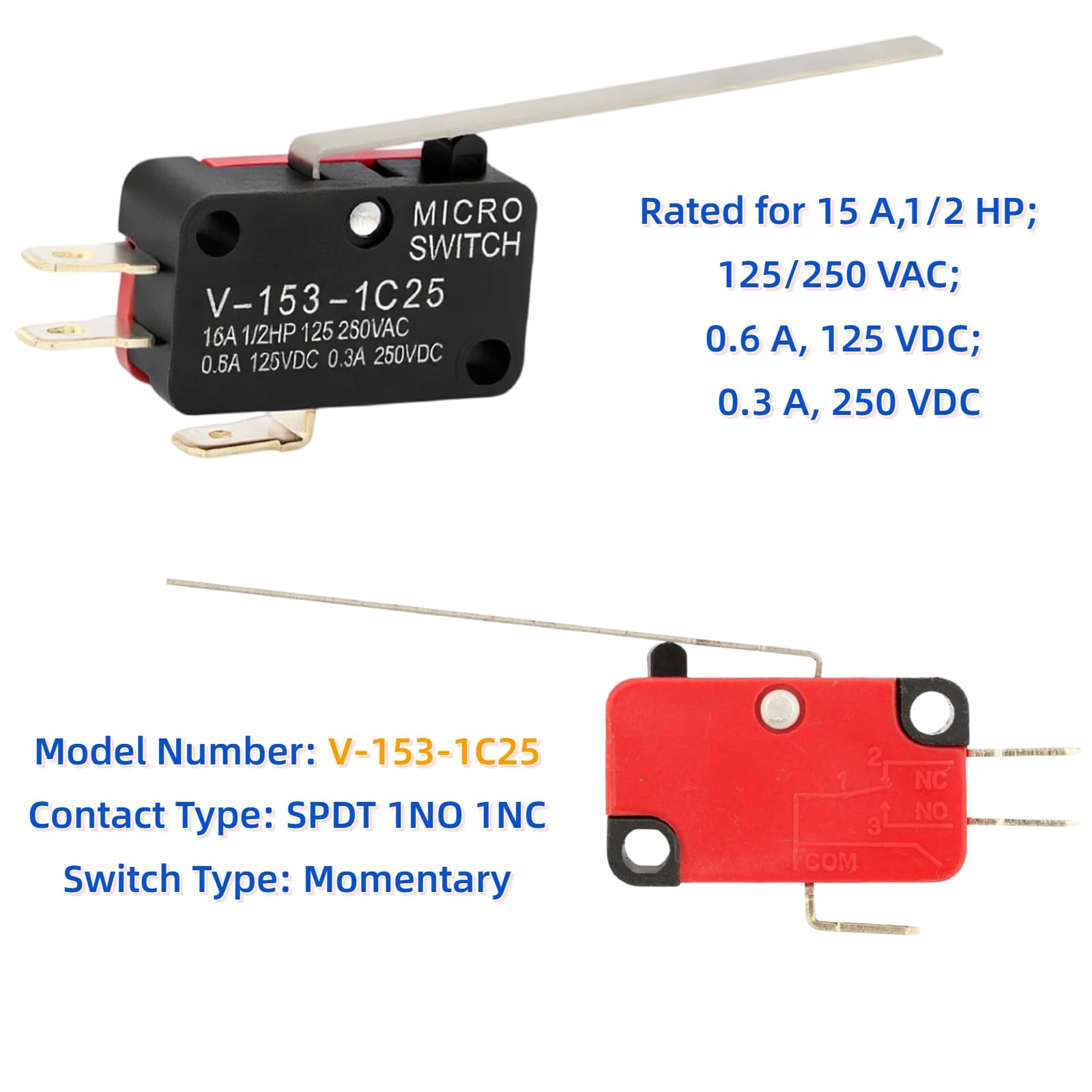 12 Pcs Micro Limit Switch with Long Hinge Lever (V-153-1C25), Black