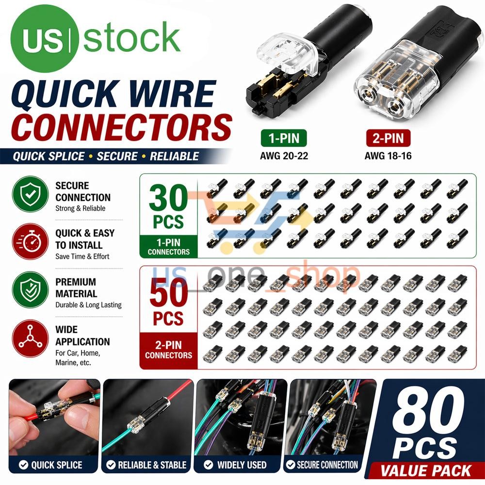 80PC Quick Wire Connectors 1Pin 2Pin No Strip Solder Car Electrical Terminal Kit