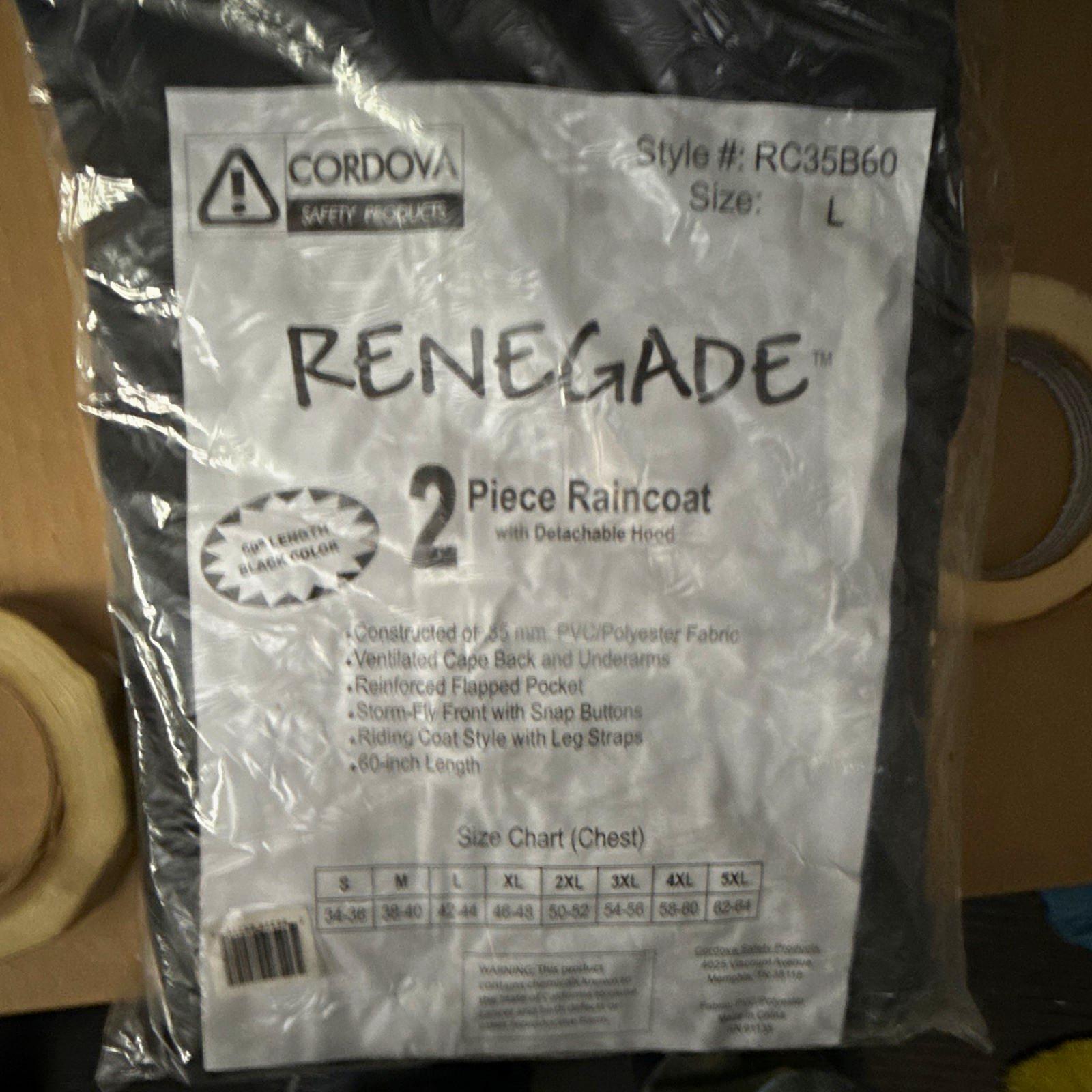 Cordova Renegade Black 2-Piece Raincoat w/ Detachable Hood, Size L RC35B60
