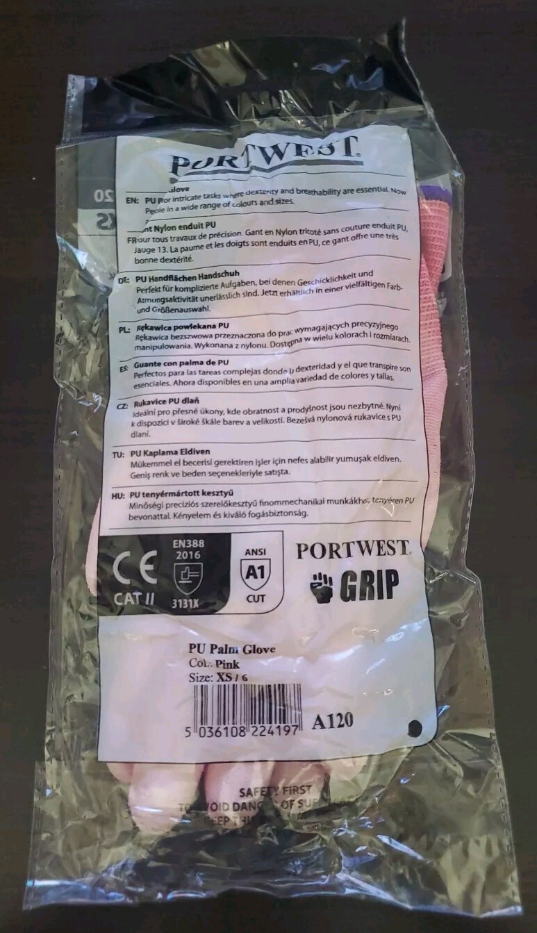 12 Pack Portwest A120 PU Palm Glove Pink XS /6 EN388 ANSI A1 Cut 3131X CE CAT II