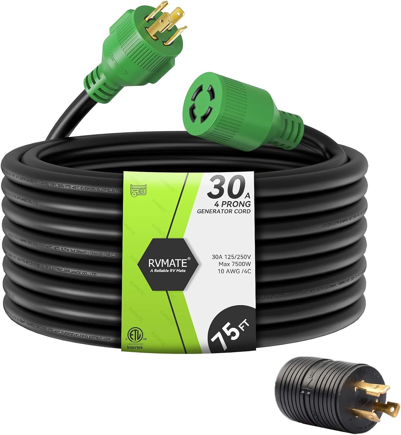 RVMATE 30 Amp Generator Cord 4 Prong 75 Feet, NEMA L14-30P/L14-30R, 125/250V up