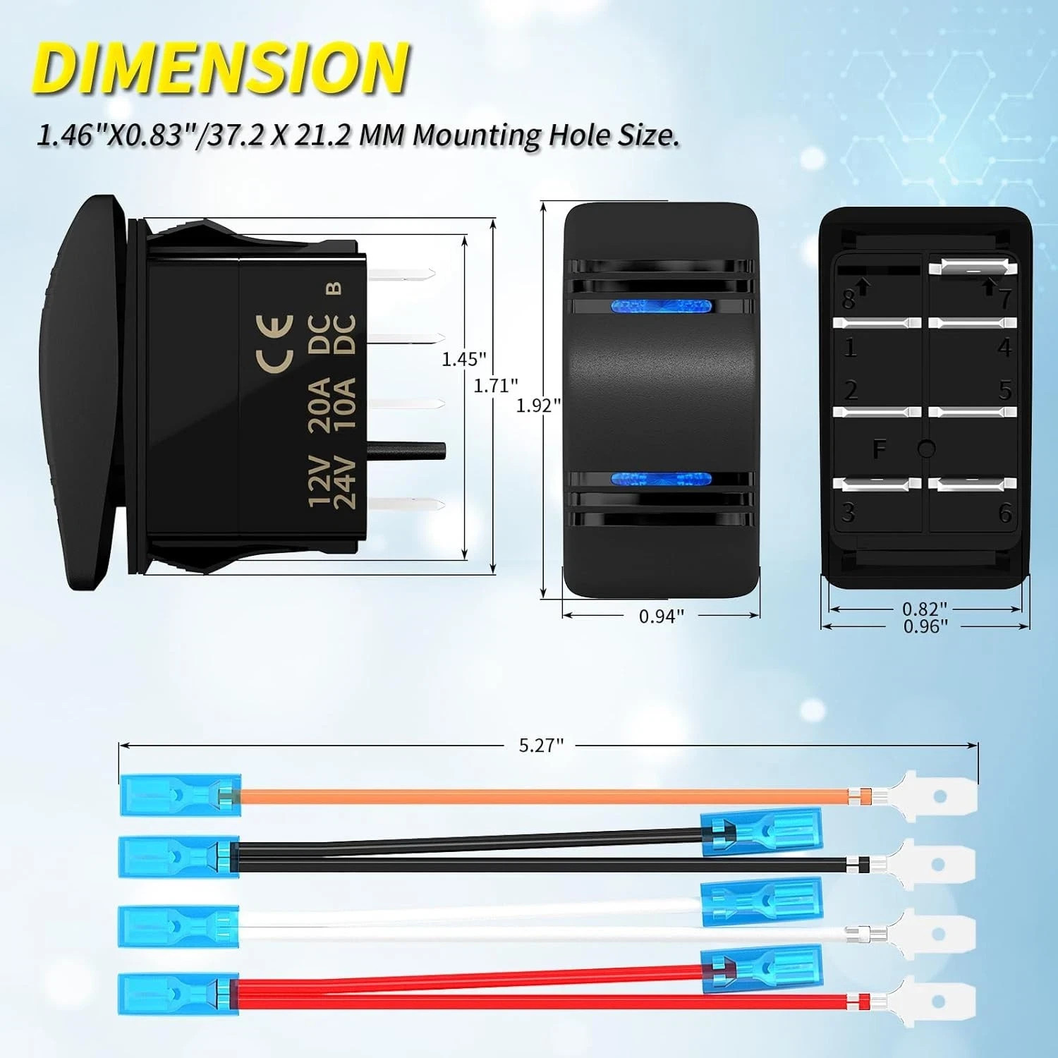 Marine Rocker Switch 12V 20A 3 Position on off on DPDT 7 Pin 3 Way Rocker Switch