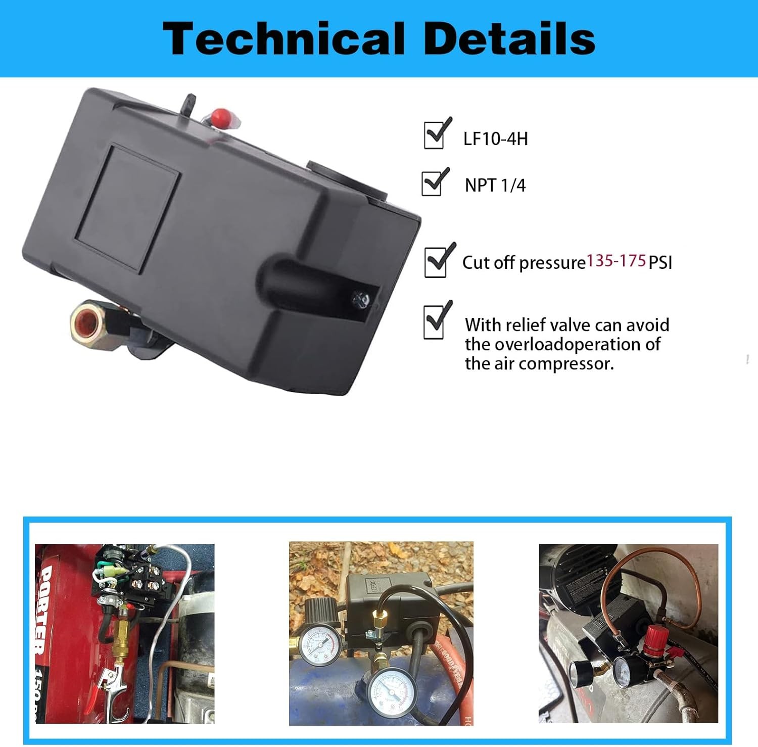 Heavy Duty Pressure Switch for Air Compressor 135 175 Psi Four 4 Port 26 Amp