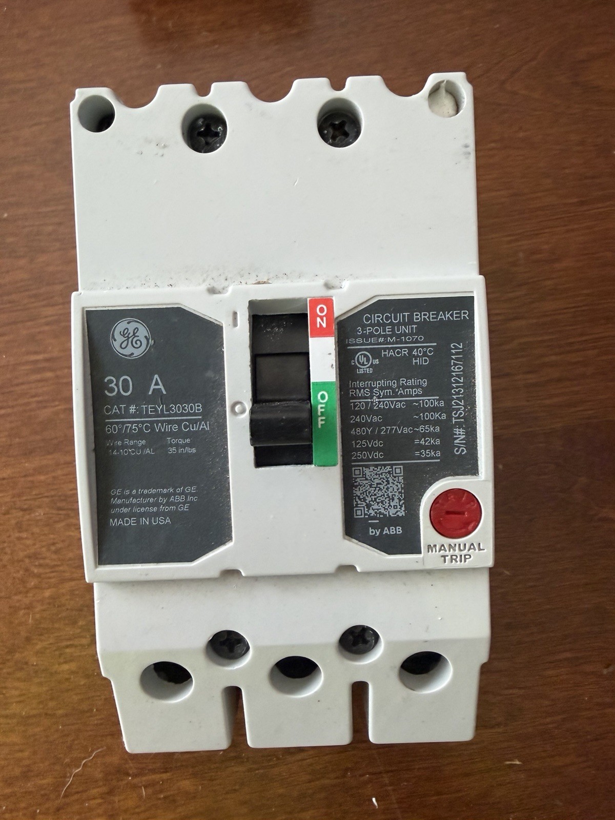 GE TEY TEYL TEYL3030B 3 POLE 30 AMP 480V CIRCUIT BREAKER