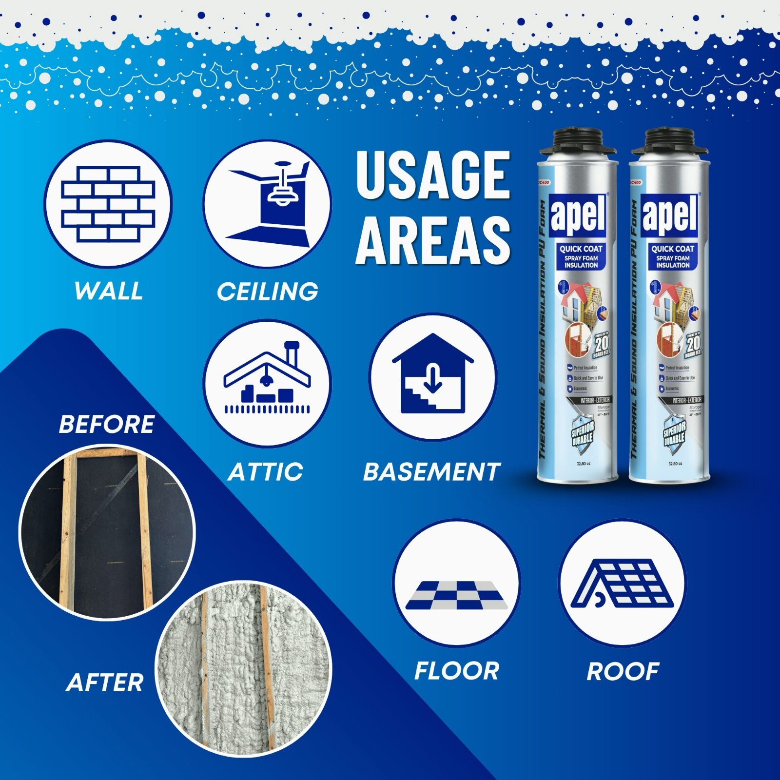 Apel Spray Foam Insulation Kit (12 x 32.80 oz./240 Bd ft) Heat and Acoustic Insu