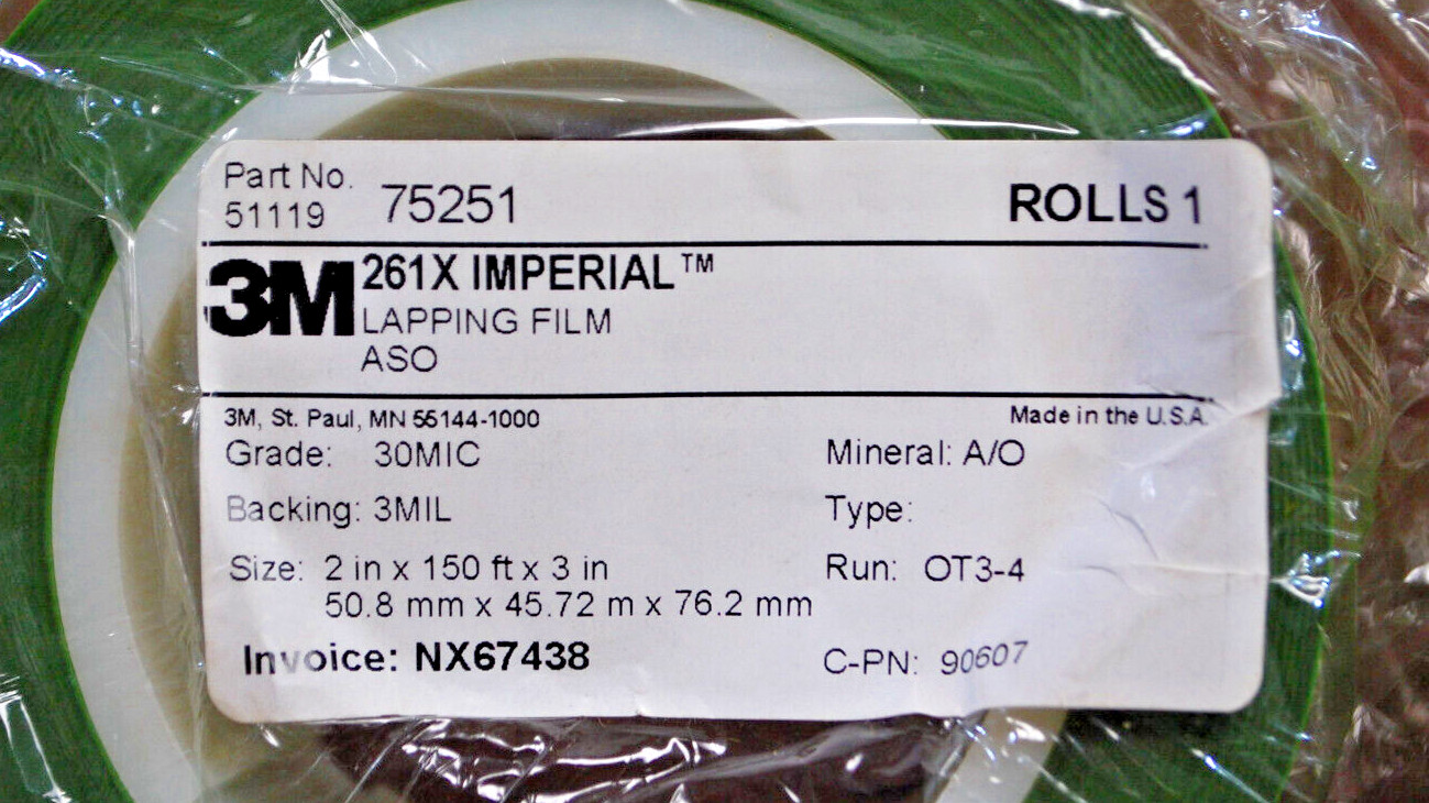 3M Green 261X Imperial Lapping Film Roll 30MIC 3MIL 2″ x 150′ x 3″ 2 Rolls T1552