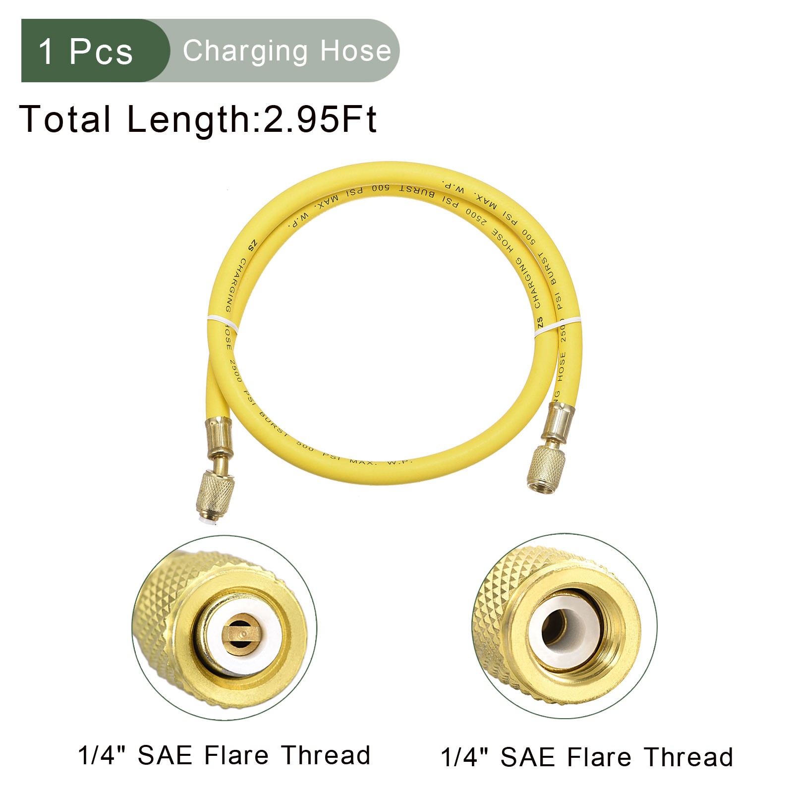 1/4 SAE Flare AC Refrigerant Charging Hoses 2.95Ft Length 500PSI Thread Yellow