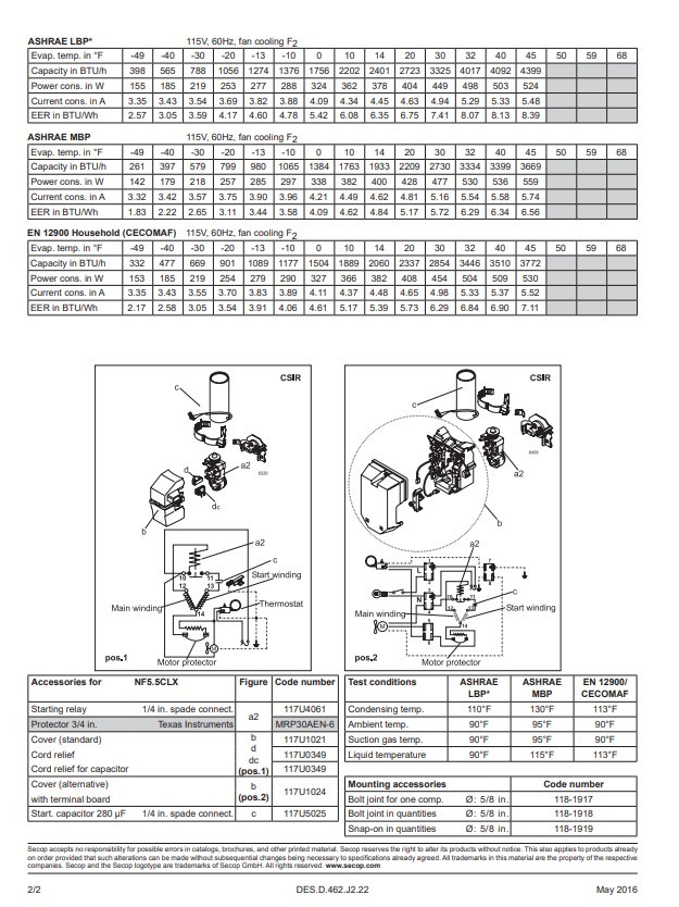 Secop NF5.5CLX R404a Hermetic Refrigeration Compressor 1/3 HP 115V L/MBP