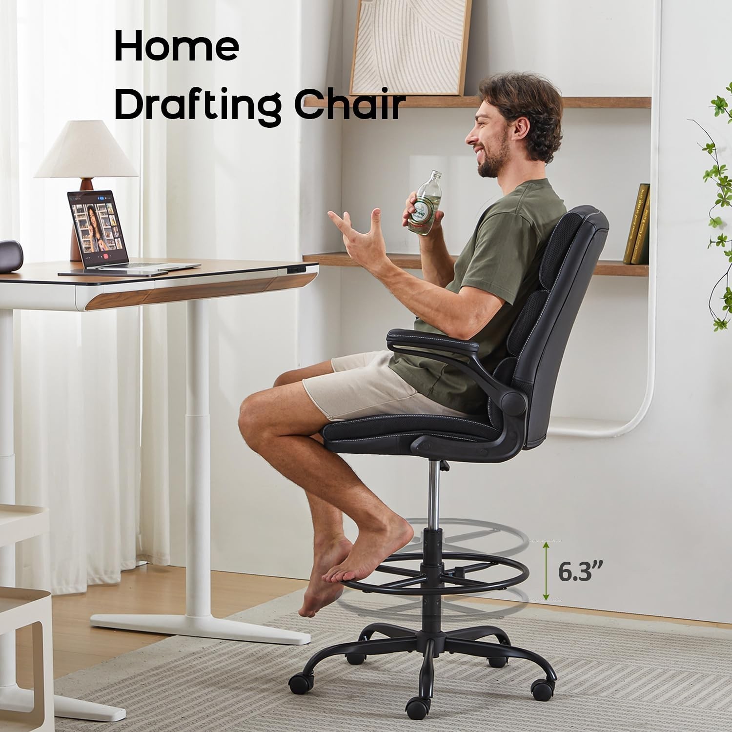 Drafting Chair Tall Office Chair with Padded Flip-up Armrests Executive Ergon…
