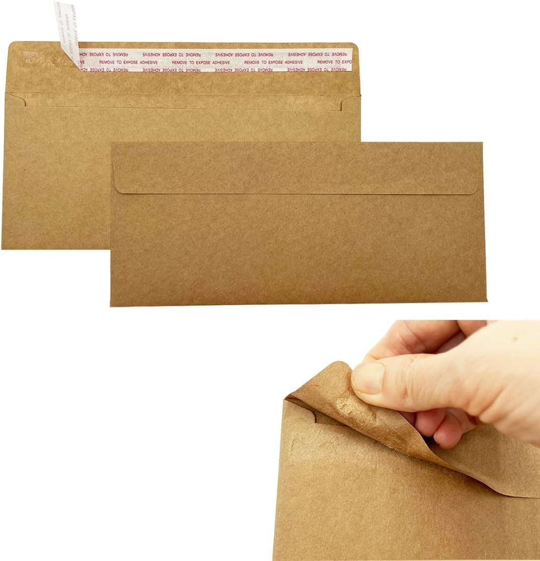 Windowless Brown Kraft Envelopes, 4.125×9.5in, Self-Adhesive Closure, 80 Pack