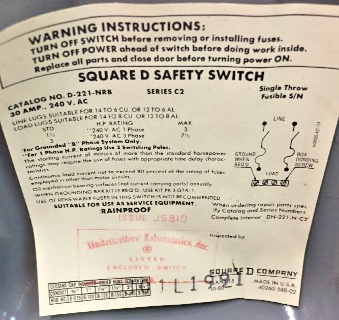 Square-D Safety Switch D-221-NRB Series C2, 30A, 240Vac, Single Throw