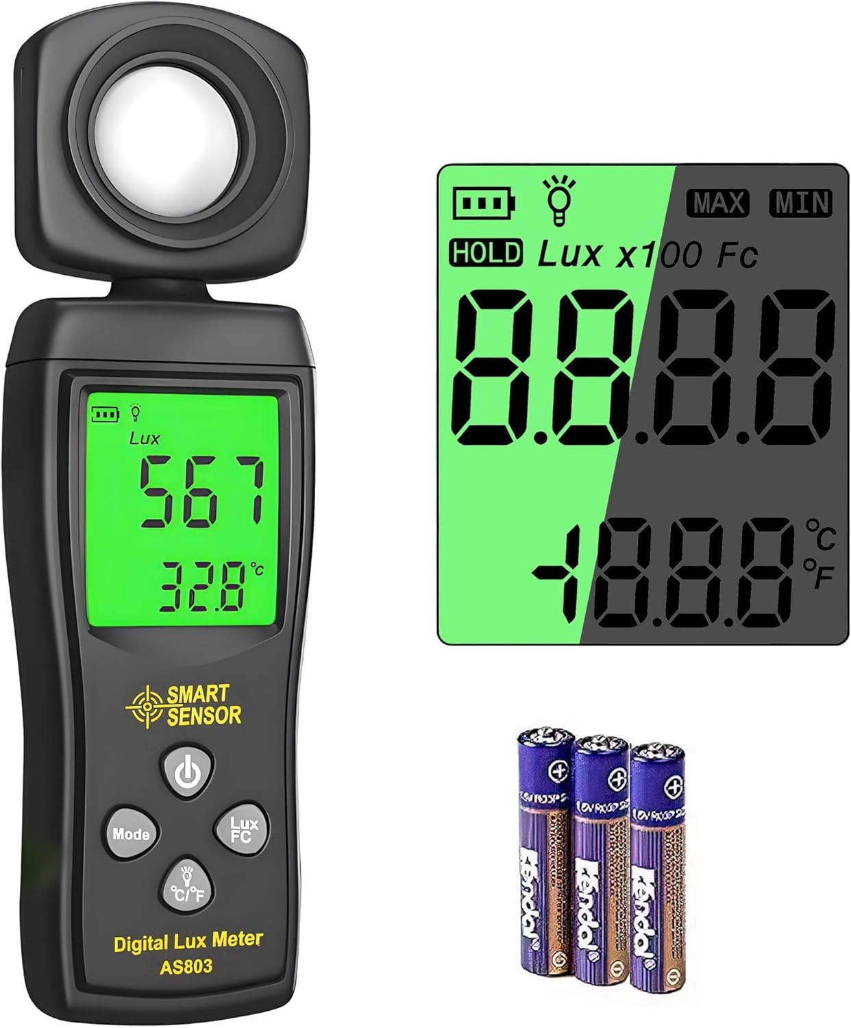 Digital Light Meter, Backlit LCD Display Lux/Foot Candles Meter with 180º Rotati