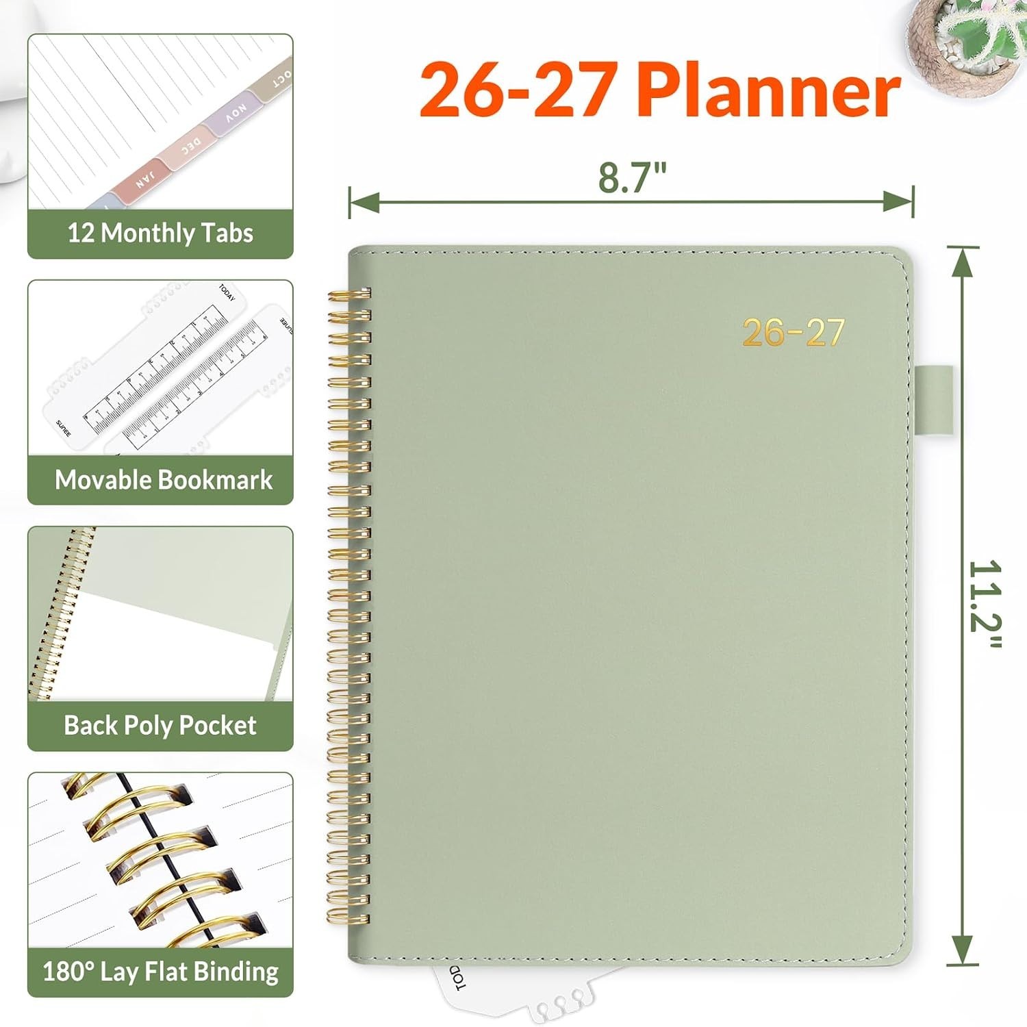 Elegant 2026-2027 Planner – 9×11.2 Leather, Extra Pages & Colorful Tabs