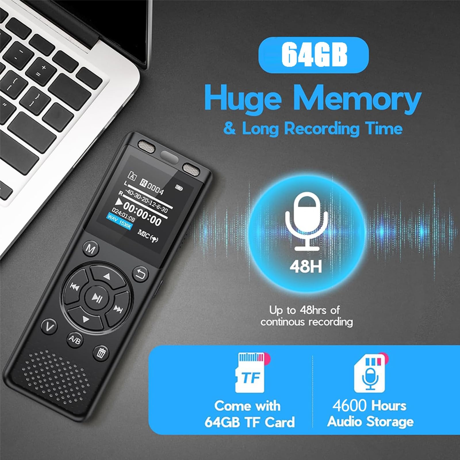 Tonfarb 64GB Digital Voice Recorder with Playback,Audio Recording Device for