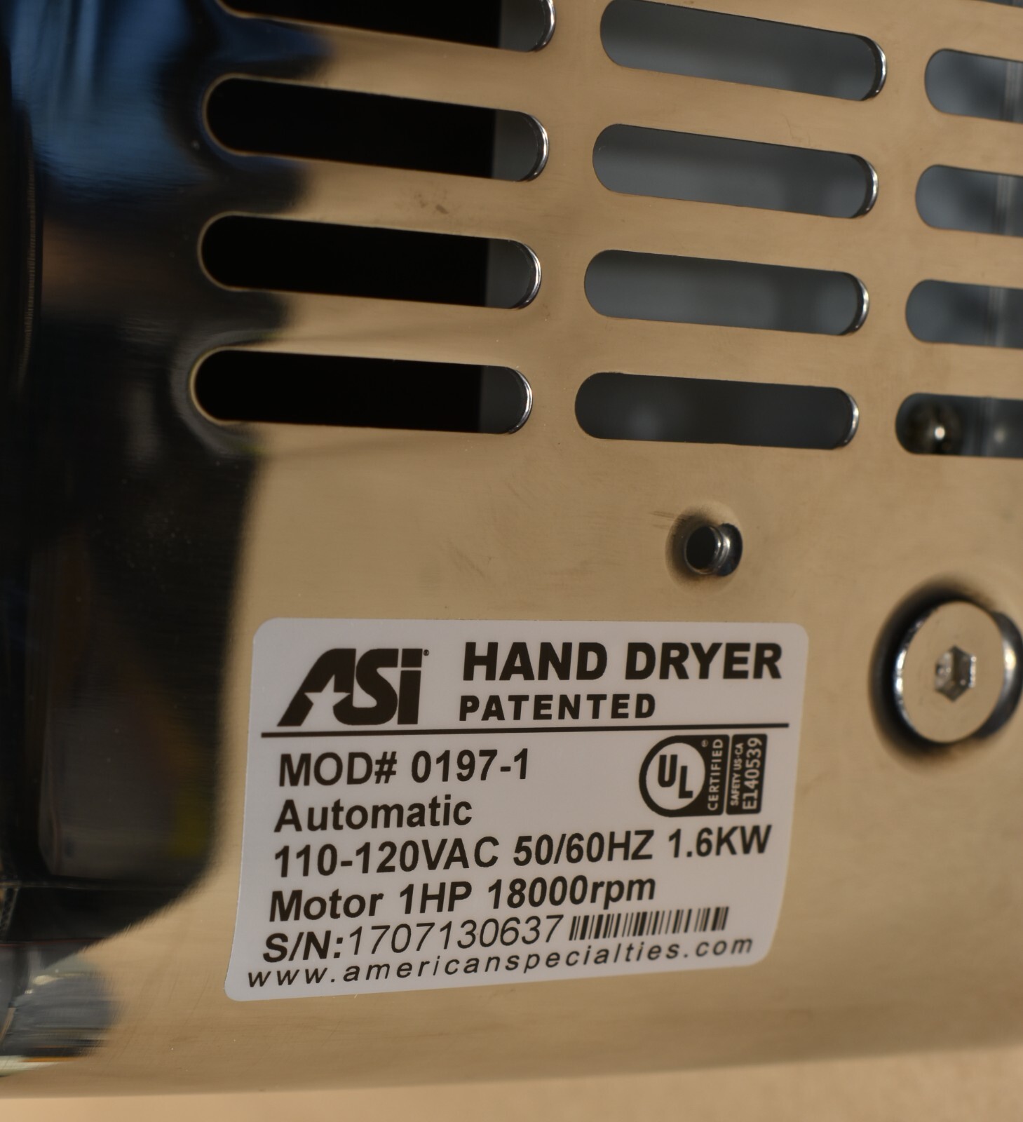Hand Dryer ASI 0197-1-92 Automatic Hand Dryer, 110-120V, Stainless Steel, Bright