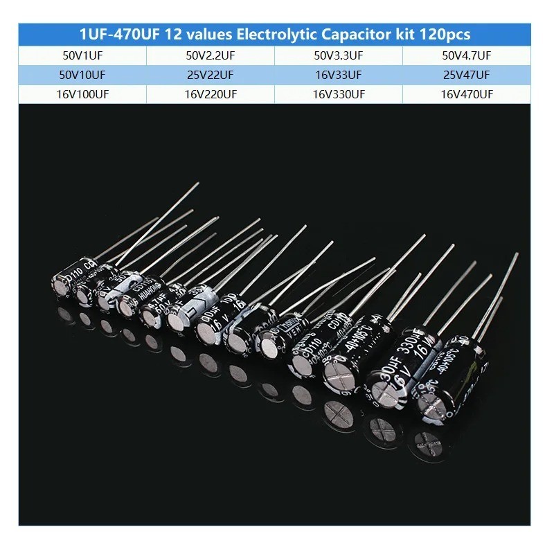 120pcs Electrolytic Capacitor Kit 1uF-470uF 16V/25V/50V Assorted DIP Components