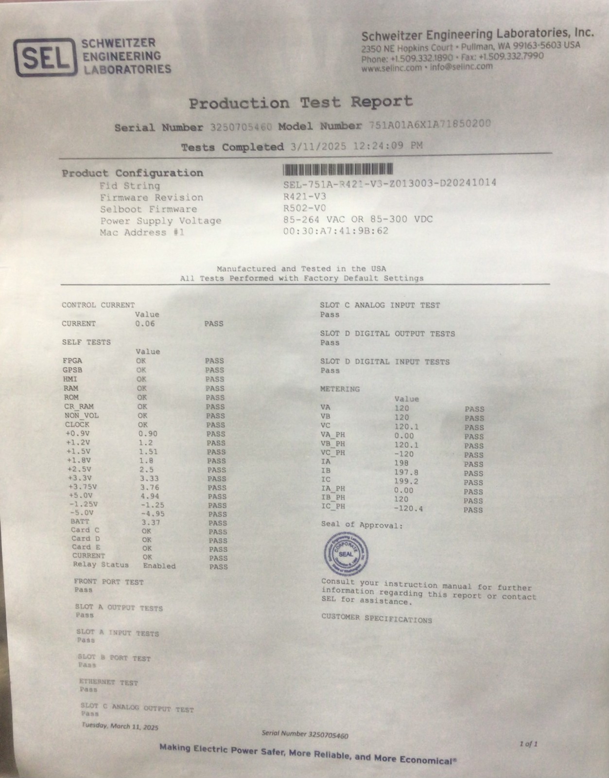 Schweitzer Engineering Laboratories SEL-751A Feeder Protection Relay