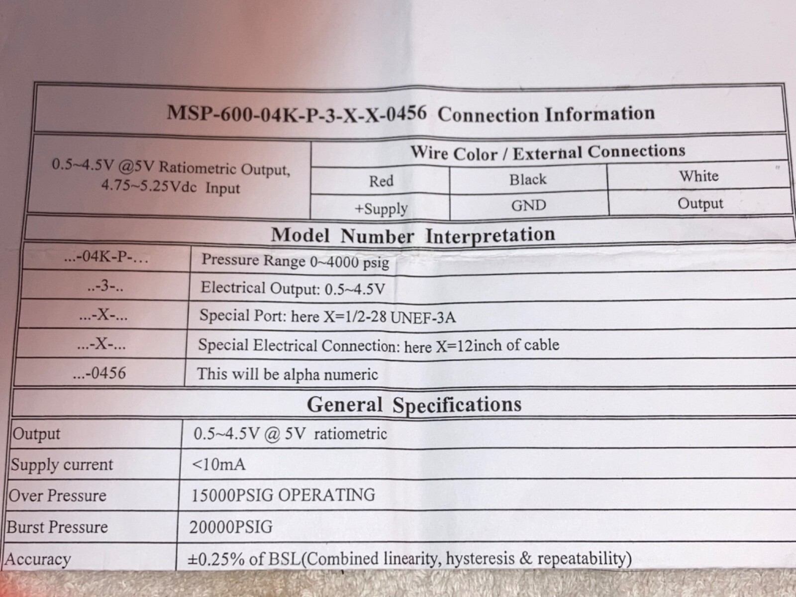 MEASUREMENT SPECIALTIES 0-4000 PSI PRESSURE TRANSDUCER