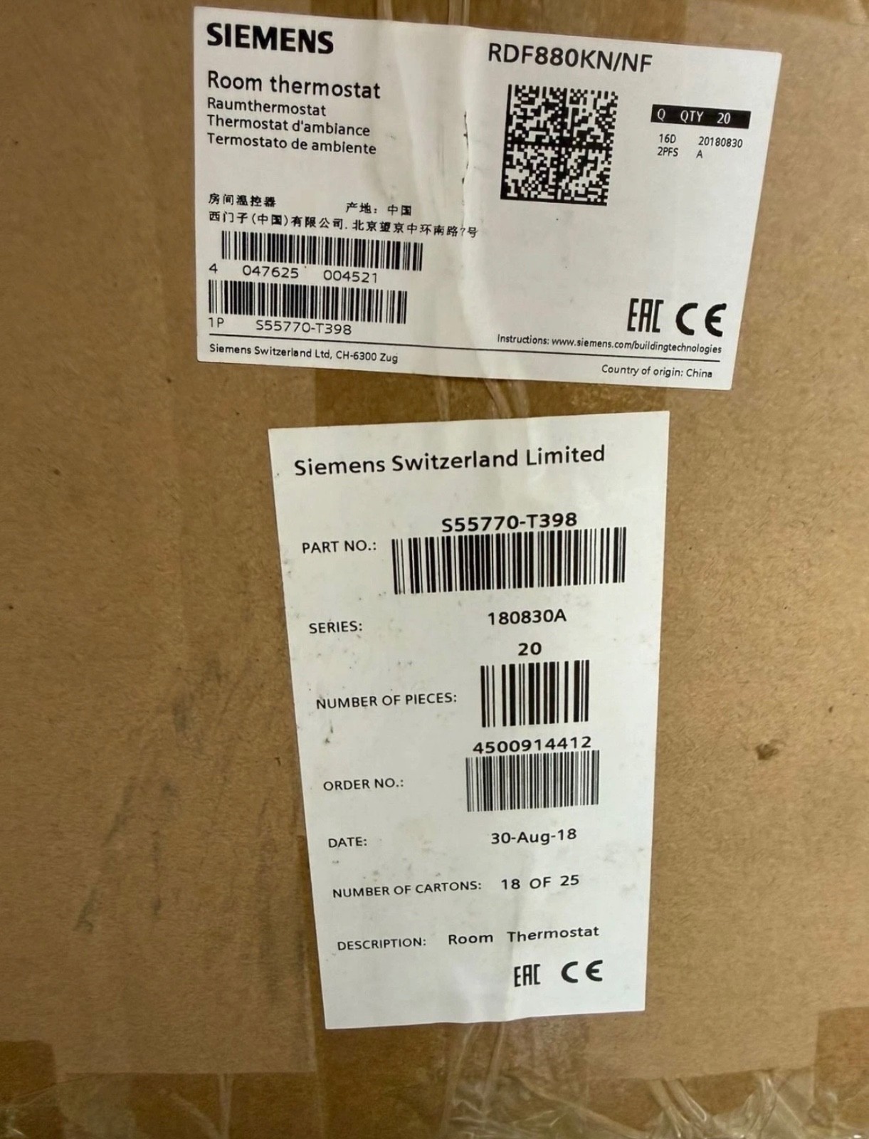 SIEMENS RDF880KN/NF ROOM THERMOSTAT TOUCH SCREEN FLUSH-MOUNT S55770-T398