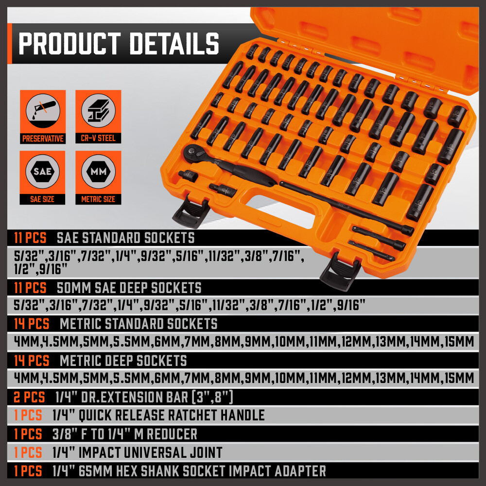 56PC 1/4″ Drive Shallow & Deep 6-Point Socket Set Extension Bar Universal Joint