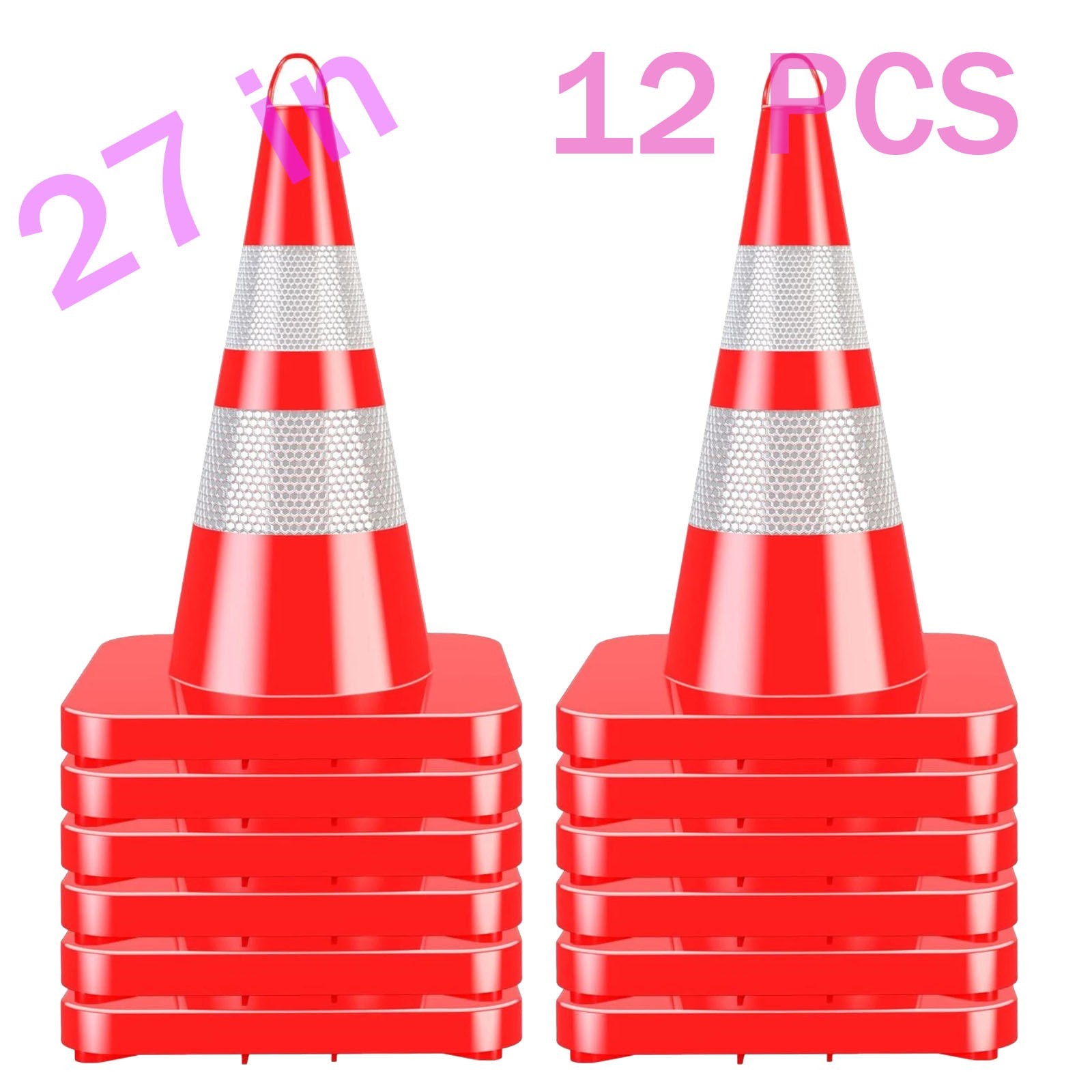 12PC 27in Handhold Traffic Safety Cone Stackable Warning Cone w/Reflective Strip