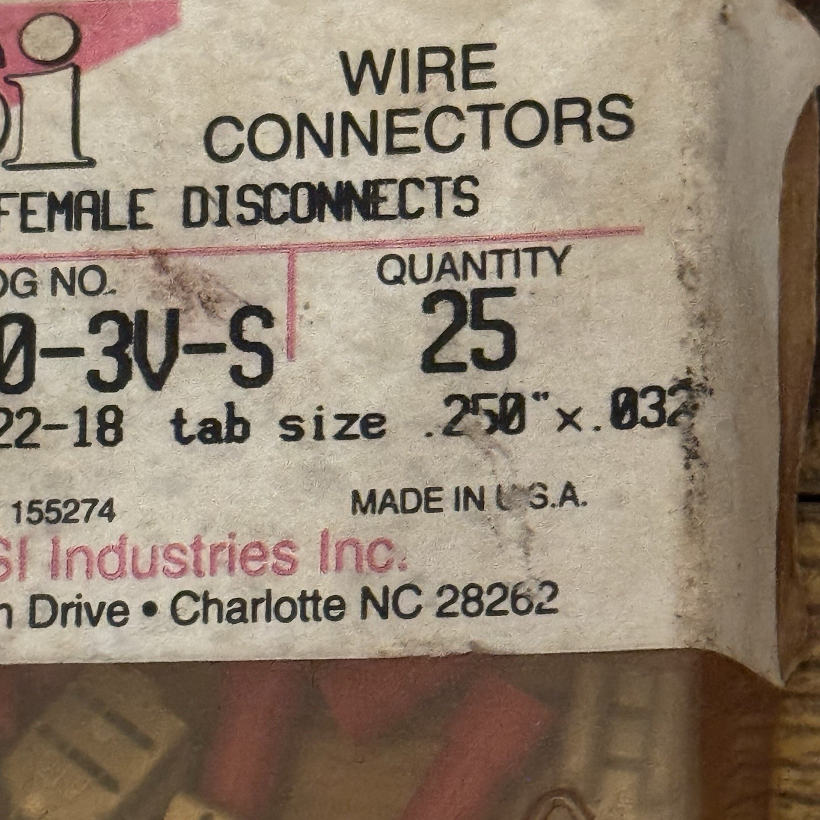 NSI Industries F22-250-3V-S .250x.032 Vinyl Female Disconnects 24 USA Vintage