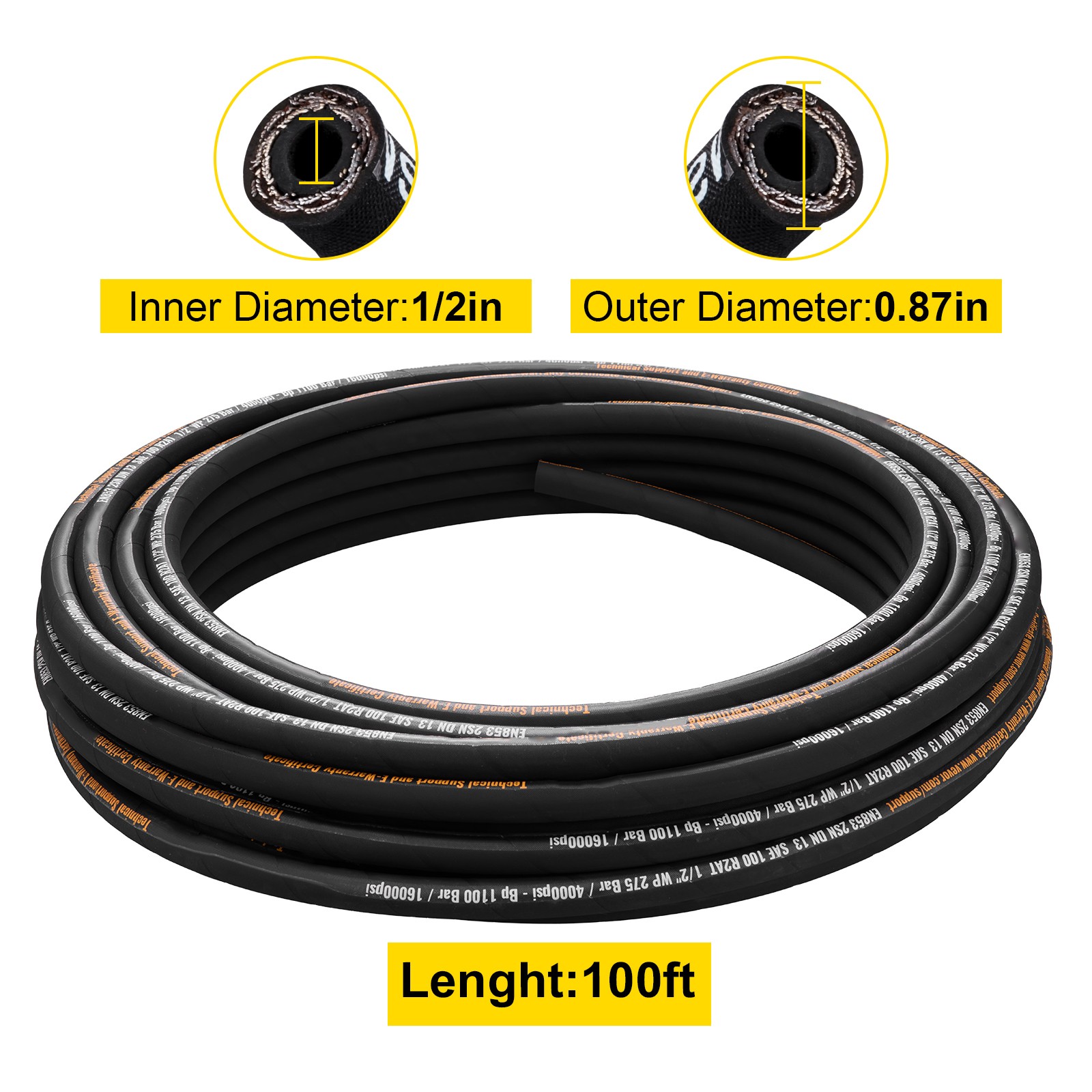 Uimoso 1/2″ Hydraulic Hose, 100 ft, R2 Steel Wire, 4000 PSI Working Pressure