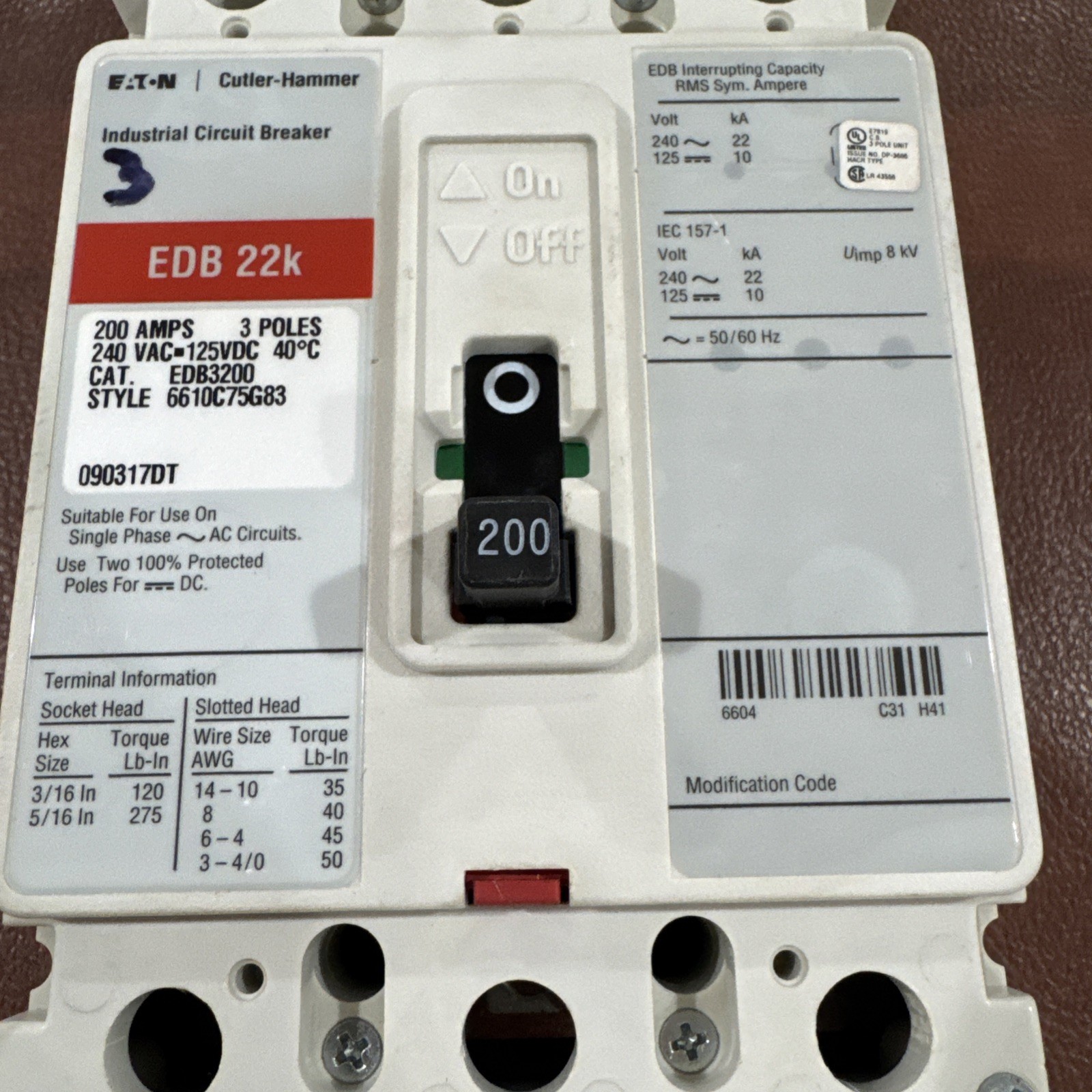 Eaton Cutler Hammer 200A 3P EDB3200 200 Amp 240V 3 Pole Circuit Breaker EDB 22k