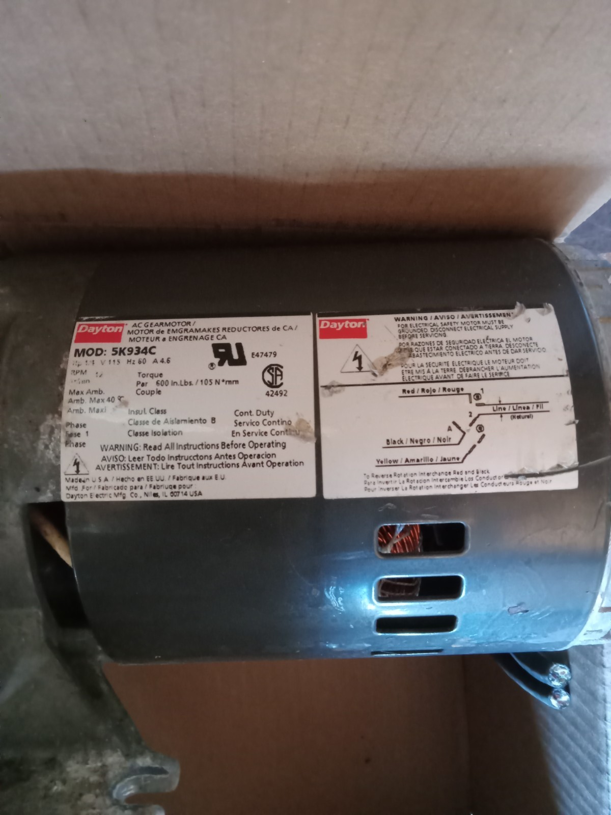 Dayton 5K934C Gearmotor 1/4 HP 115V 12 RPM 144:1 Reversible UNTESTED Parts