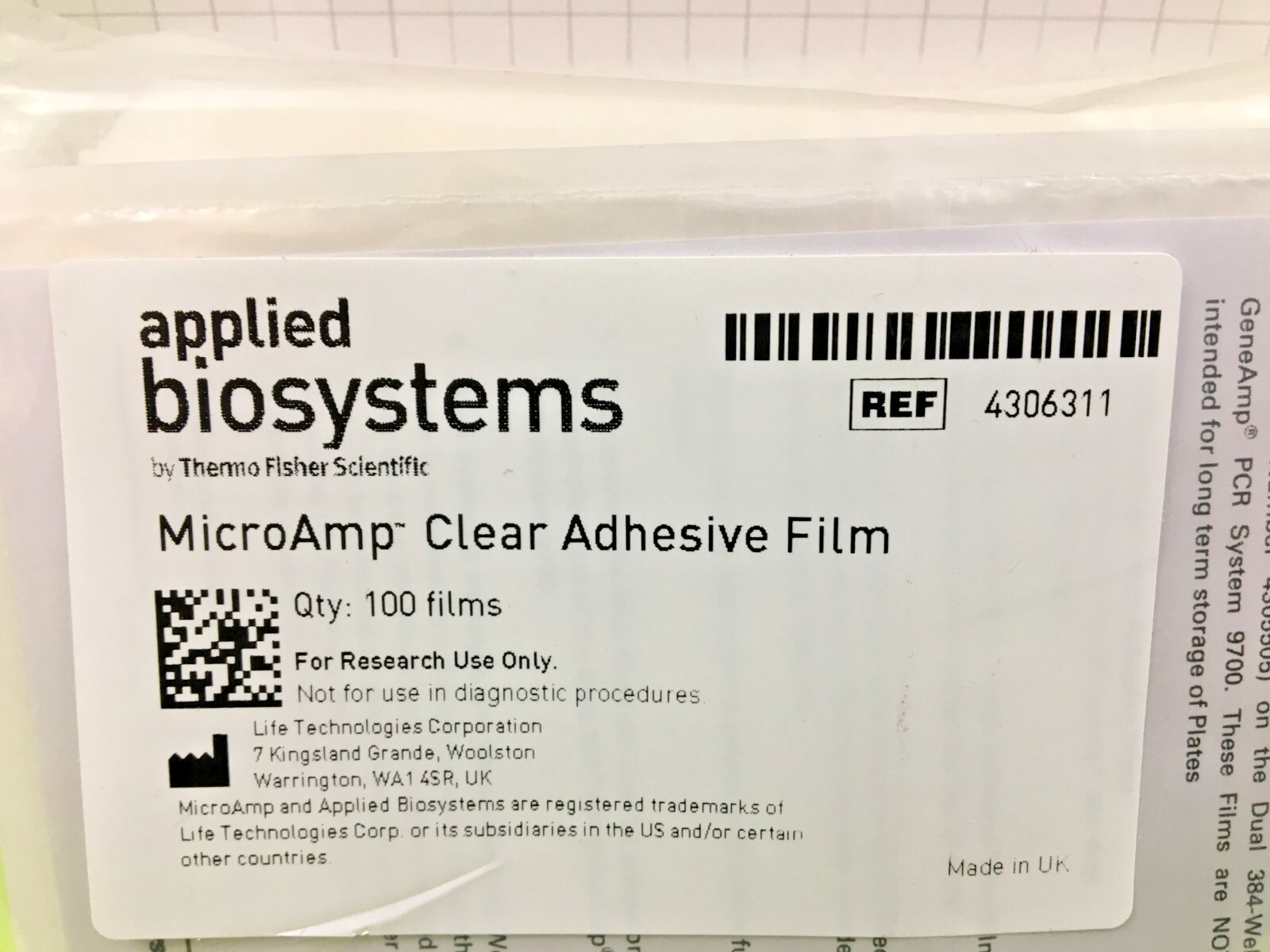 Applied Biosystems MicroAmp Clear Adhesive Film, 4306311 Pack of 100, 10-26-2023
