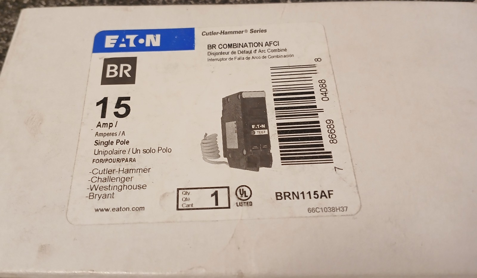Eaton Combination AFCI Circuit Breaker BRN115AF. 15A . NEW. Free shipping