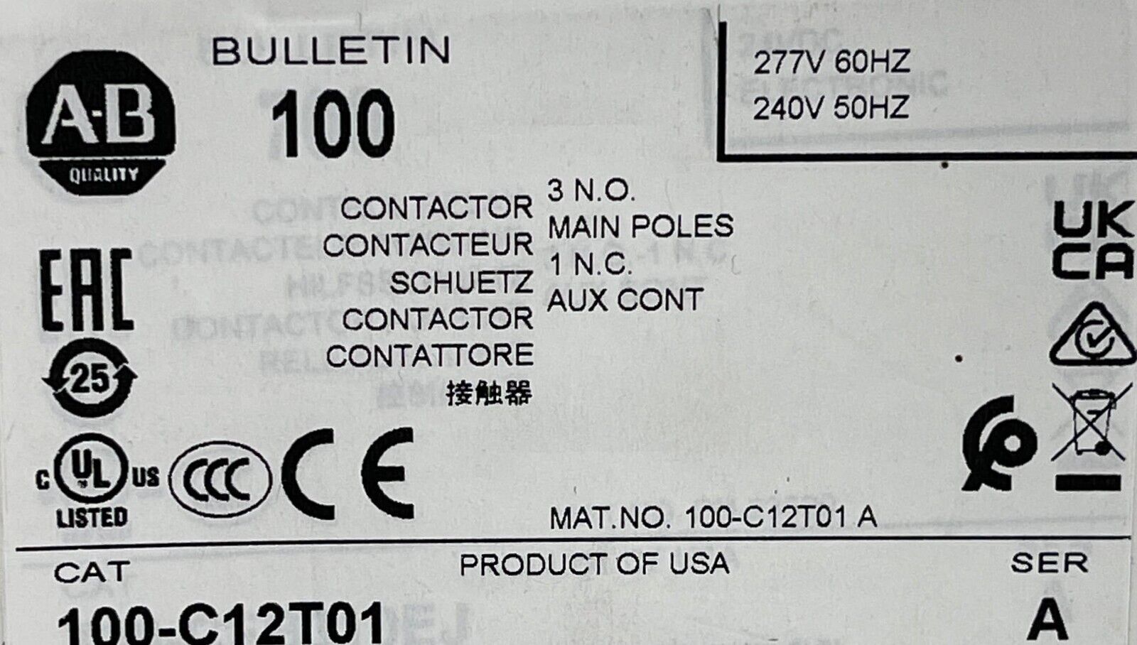 New! Allen Bradley 100-C12T01 Contactor 3 NO Main Pole 240/277VAC Coil