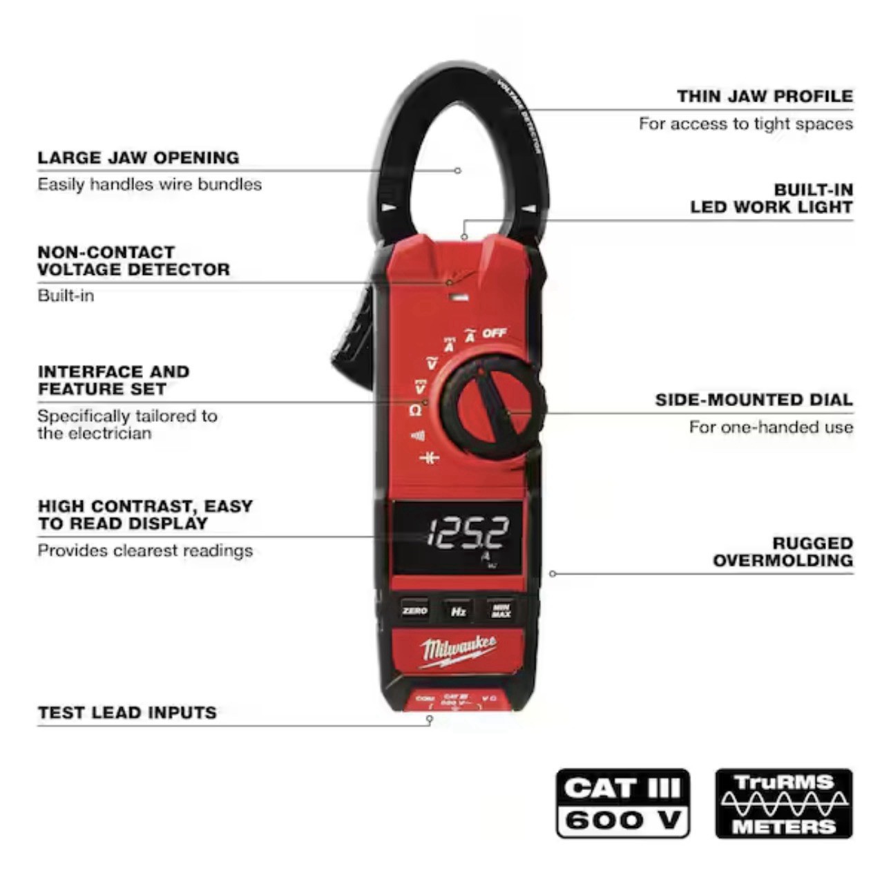 Milwaukee 2237-20 TRMS Clamp Meter Auto-Ranging CAT III 600V 600A 6000Ct