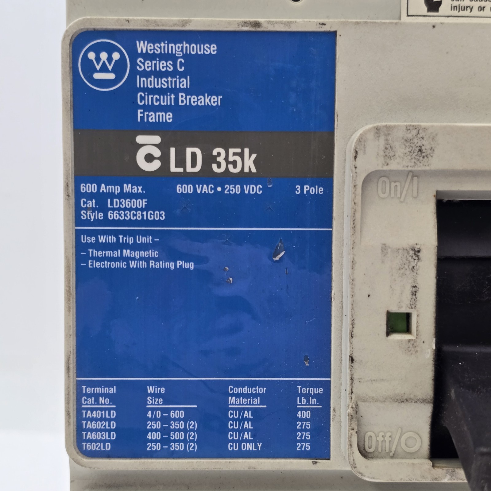 Westinghouse LD3600F Bolt On Circuit Breaker 400A 600VAC 250VDC 3P LT3400T