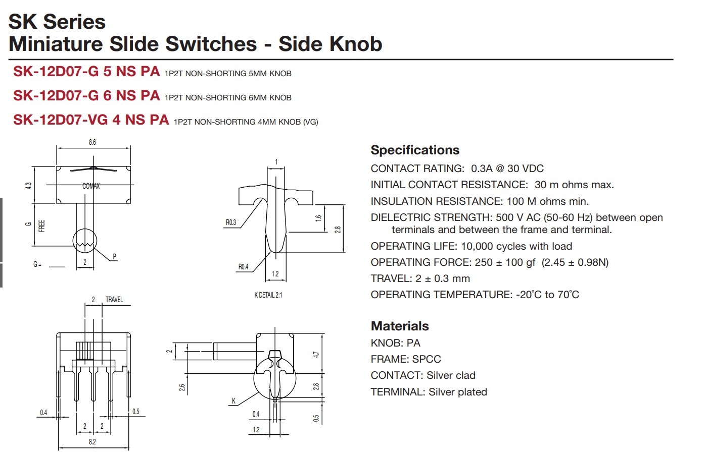 2 pcs miniature slide switch, SPDT, PCB, side mount SK-12D07-G 5 NS PA