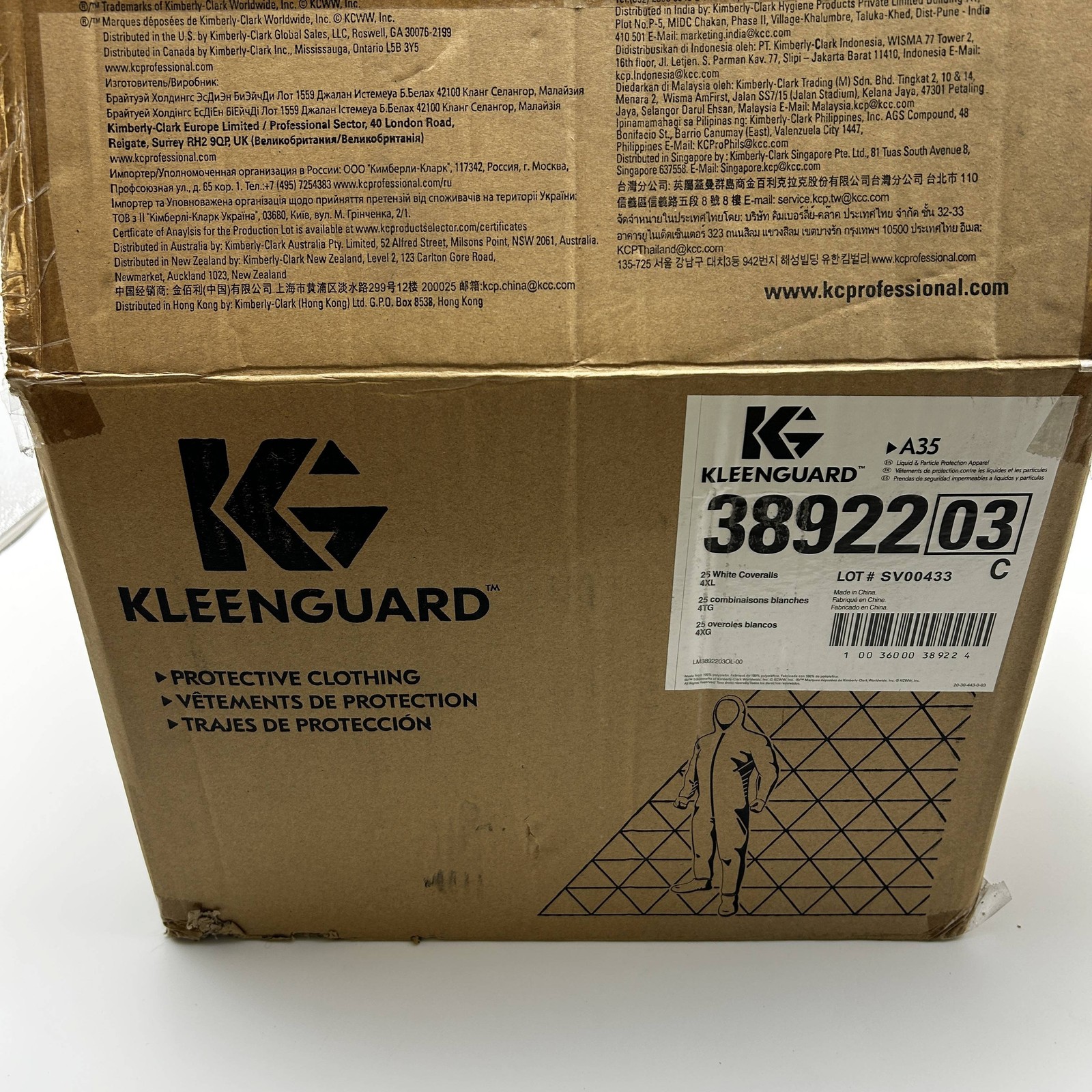 Kleenguard 38922 Coveralls A35 Sz 4XL Disposable White Zippered Front 25pk/Case