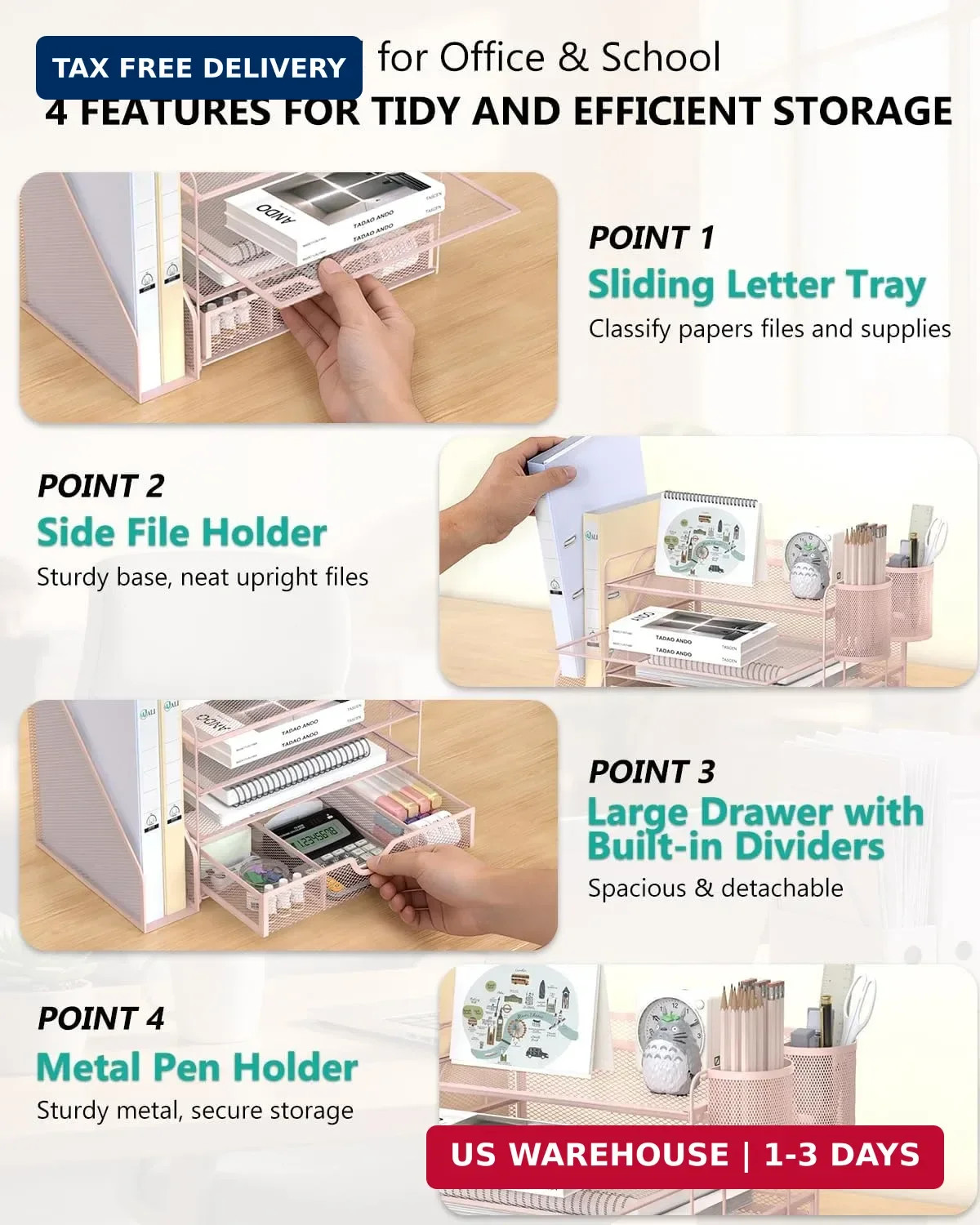 4 Tier Desktop File Organizer Letter Tray with Drawer Pen Holders Pink Office