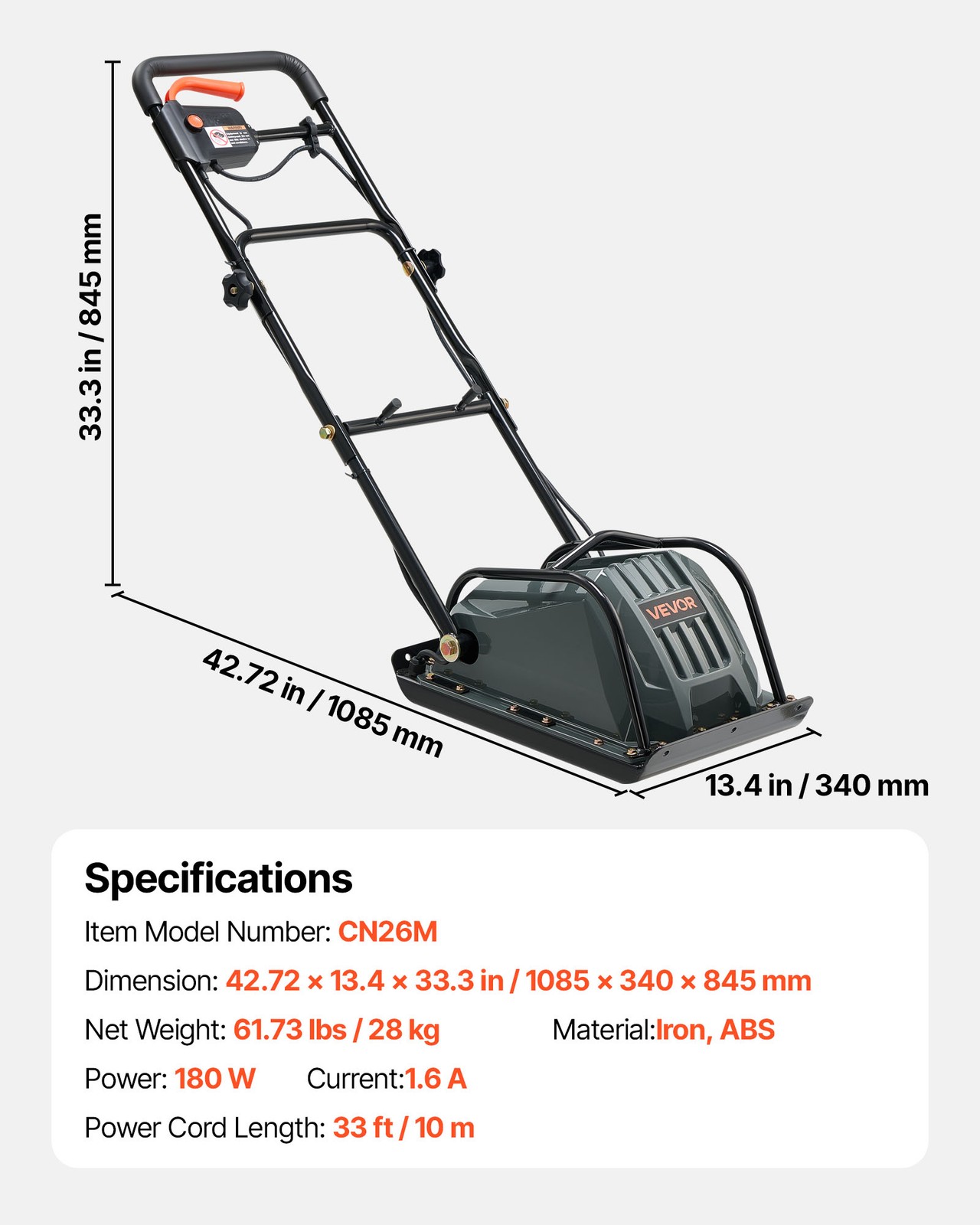 VEVOR Plate Compactor 130W Electric Ground Rammer 5kN Force 3.9in Depth