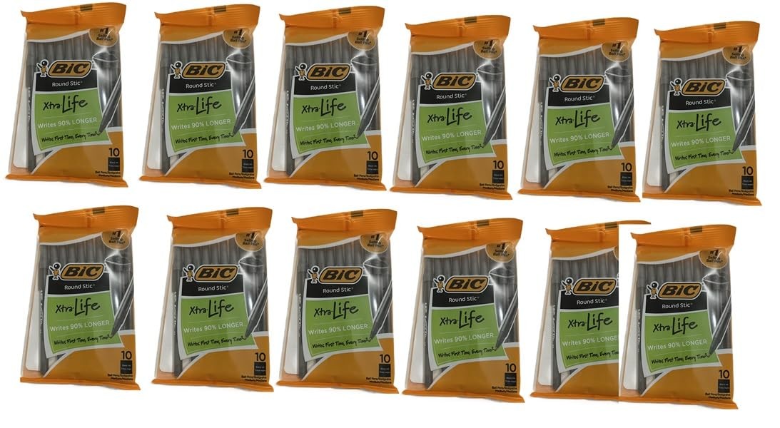 BIC Round Stic Xtra Life Black Ballpoint Pens, Medium Point (1.0mm), 10-Count Pa