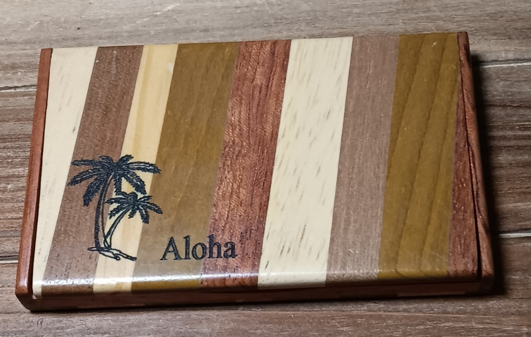 Aloha Business Card Holder Tri Colored Wood Island Memories Office Gift Idea