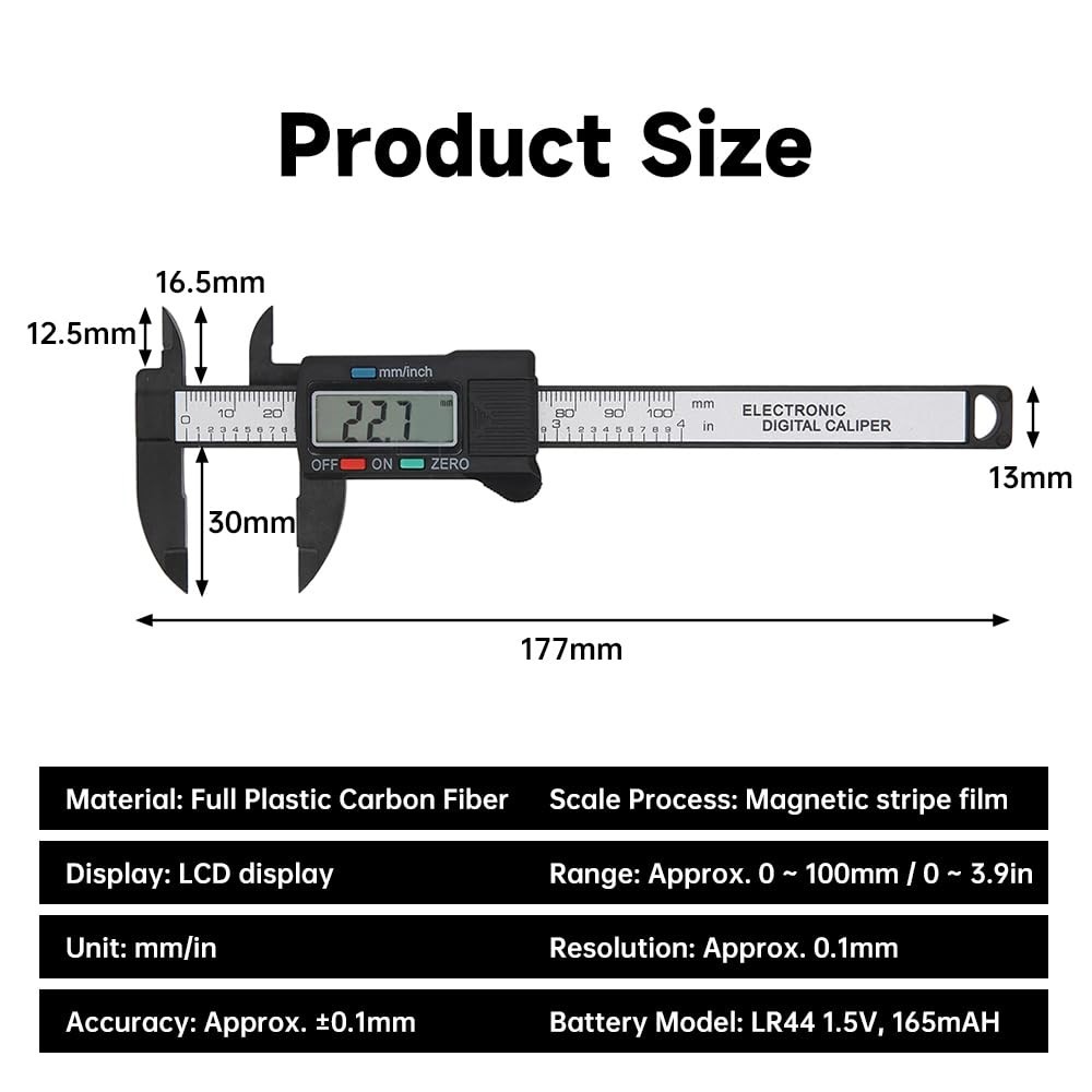 Electronic Digital Display Caliper, 0‑100mm/ 4in Lightweight Carbon Fiber Com…