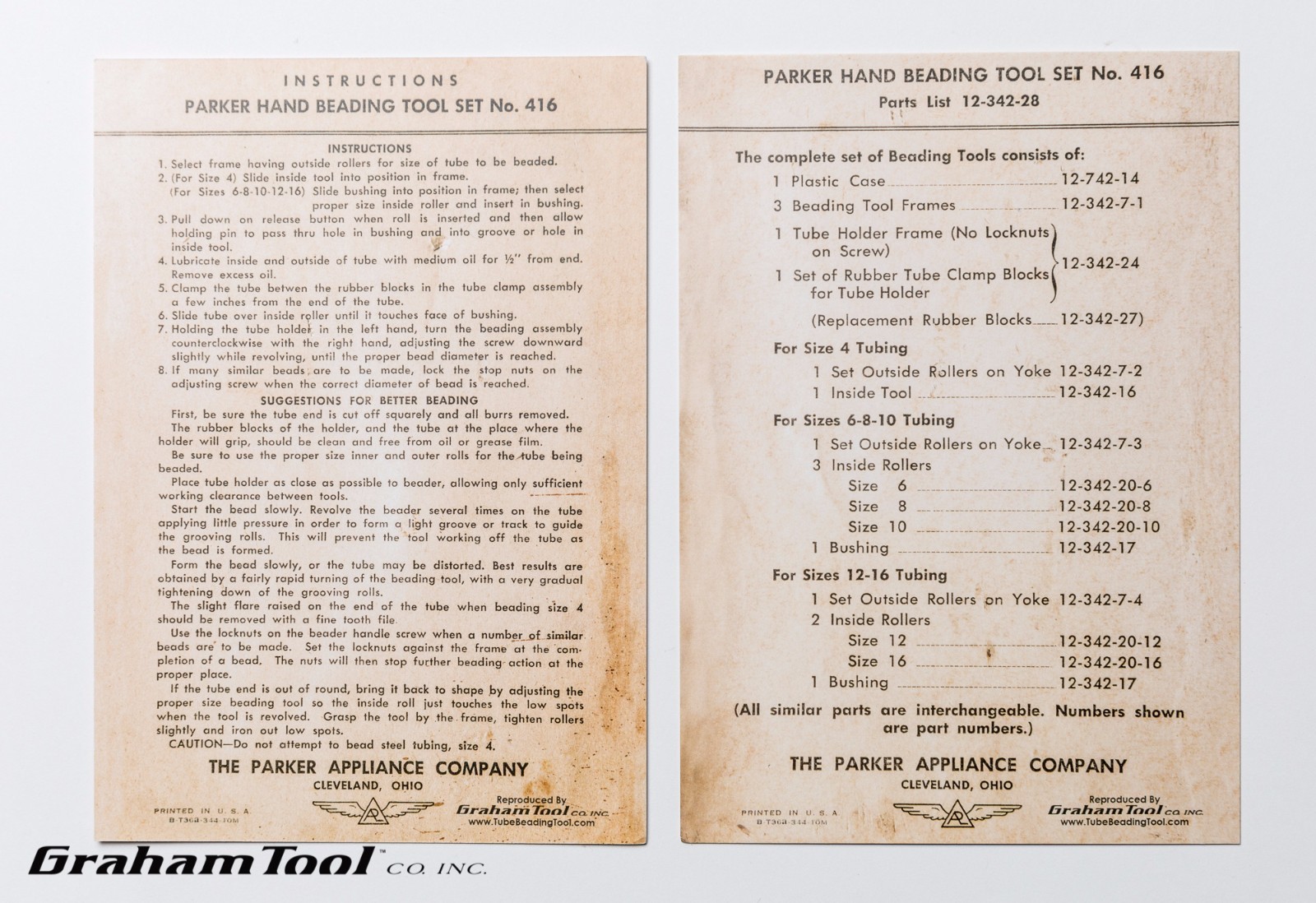 Parker Appliance Co. Hand Beading Tool Set No. 416 Instructions And Parts List