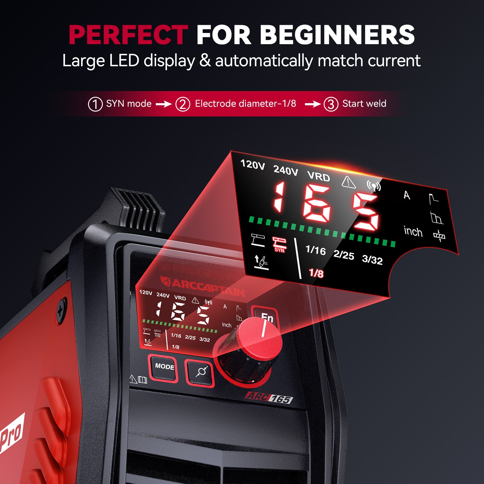 ARCCAPTAIN 165A APP-Controlled Stick & TIG Welder – Digital MCU Dual Voltage