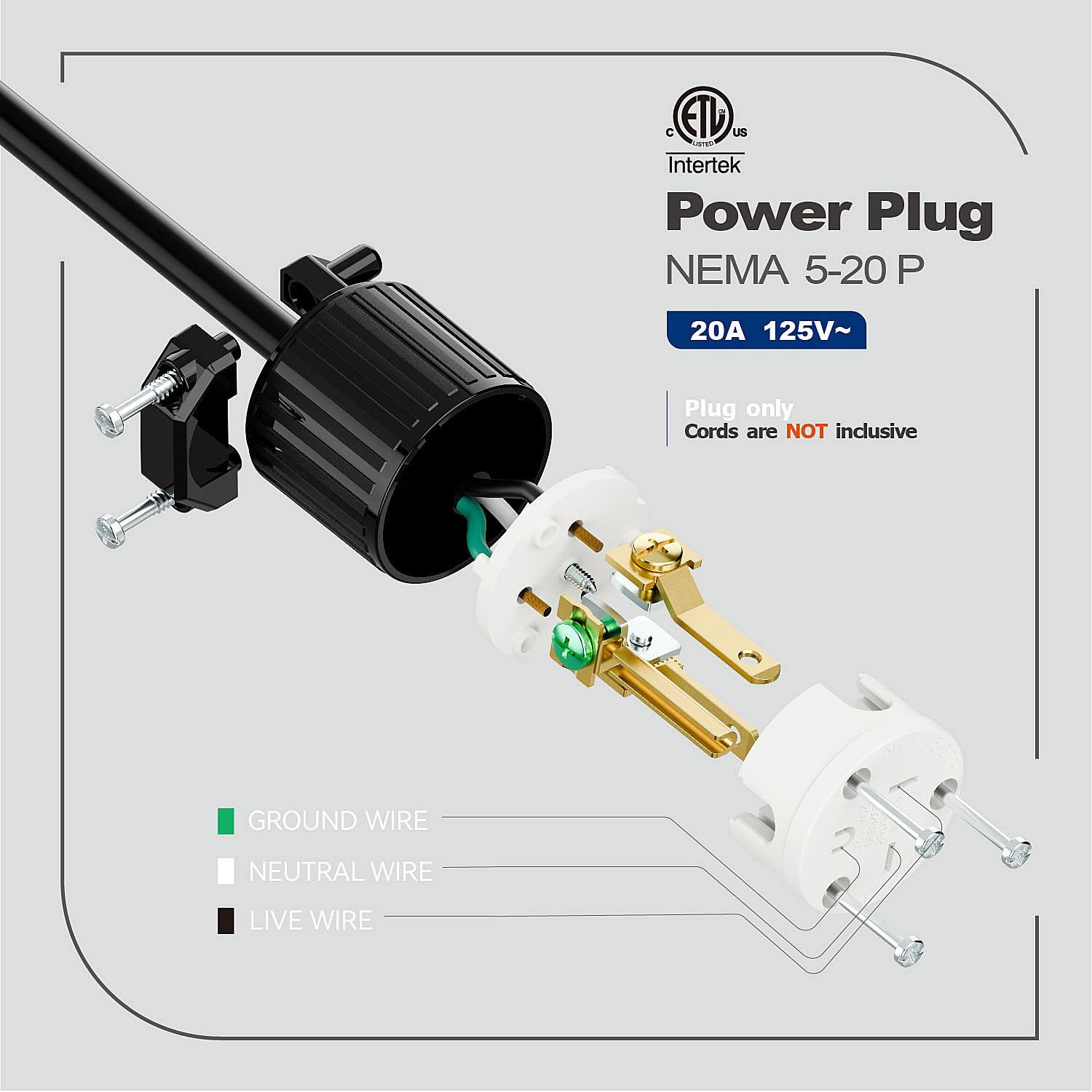 NEMA 5-20P Plug, 20A 125V Heavy Duty Industrial Male Plug, ETL Listed Rewireable