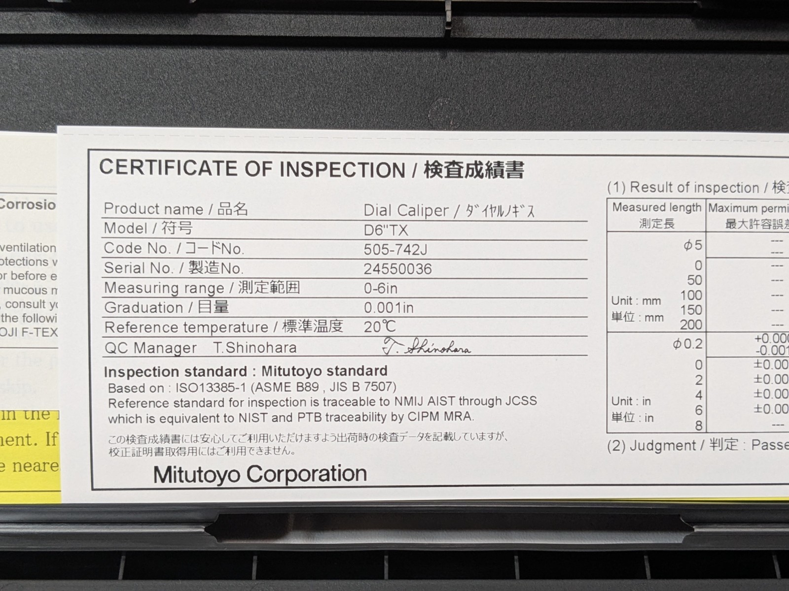 Mitutoyo Dial Caliper 0 to 6″ Range D6 ” TX 505-742J